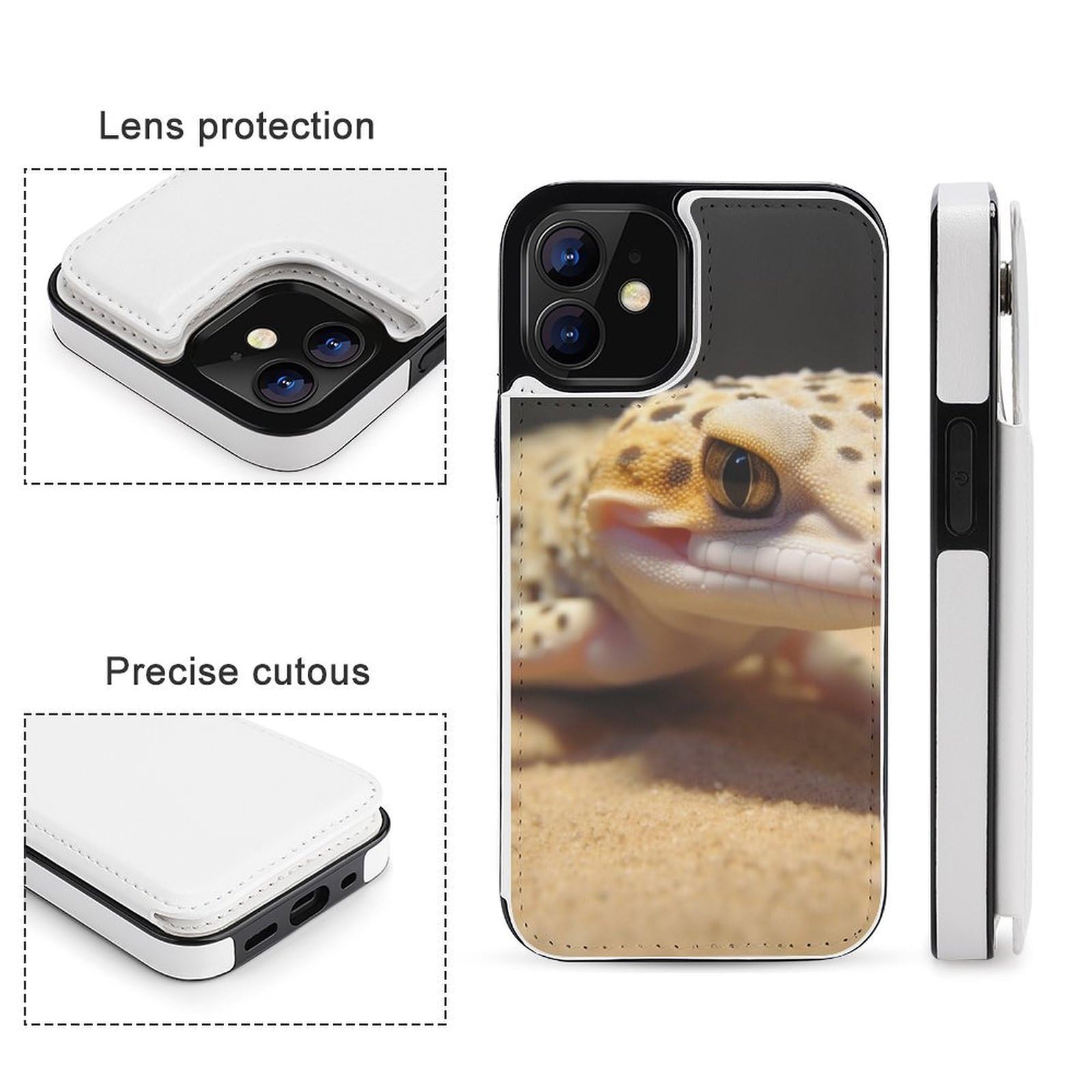 Fundas tipo cartera para iPhone 12, estampado de geco de leopardo arena, funda de piel con ranuras para tarjetas