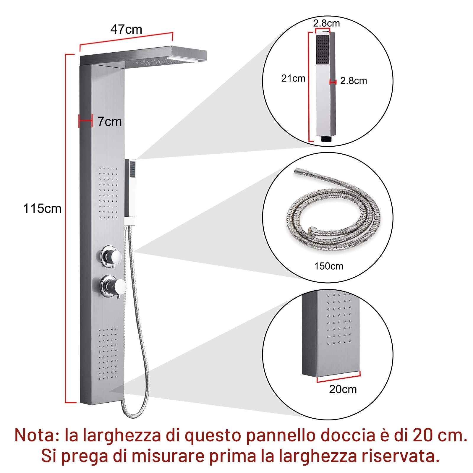 Froadp Sistema Doccia a Pioggia Pannello in Acciaio Inox Spazzolato Montaggio a Parete set Doccia con Doccia Idromassaggio Cascata e set Doccia Doccetta Lusso per Bagno (D'argento)