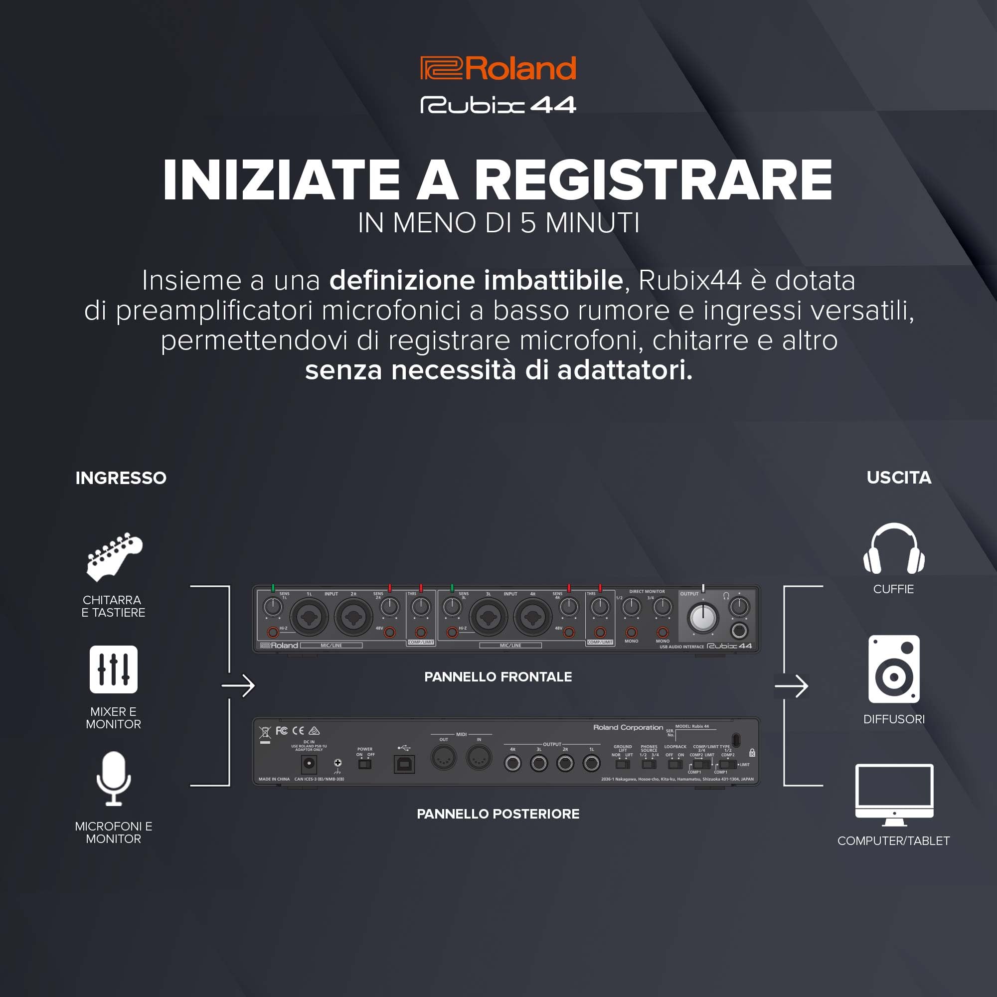 Interfaccia audio USB Roland Rubix44 4-In/4-Out | Audio ad alta risoluzione | Registrate con microfoni, chitarre, tastiere e altro | Costruzione compatta e durevole | Compatibile con Mac, PC & iPad