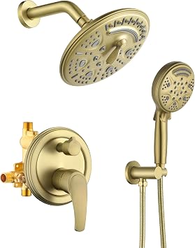 WELLFOR 8-In Dual Head Shower System, 6-Spray Patterns Rainfall Shower Head, 9-Function Hand Shower, Shower Faucet Set, Rainfall Shower System, Pressure-balanced Brass Valve Included, Brushed Gold