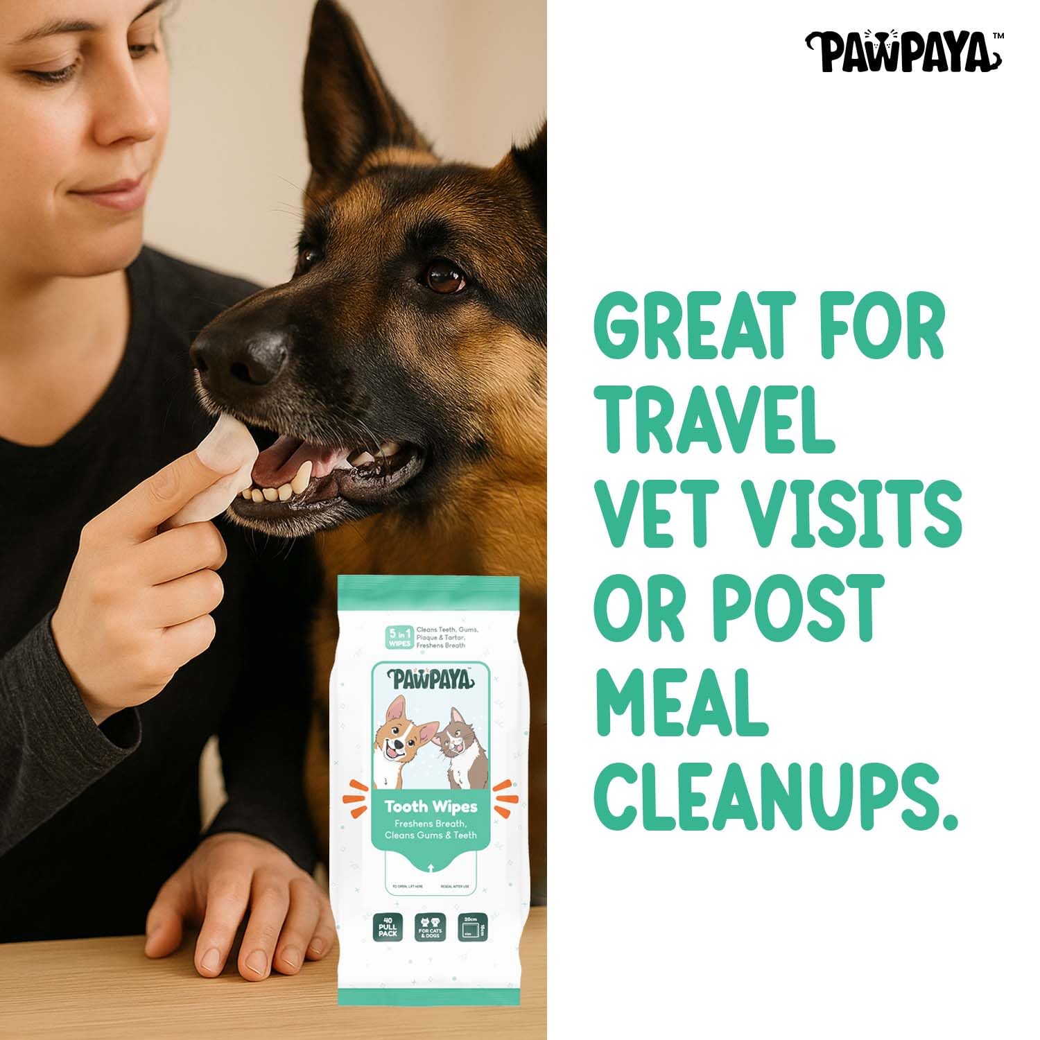 Pawpaya Tooth Wipes for Dogs & Cats | Freshens Breath, Cleans Teeth & Gums | Alcohol-Free, Chemical-Free, Vet-Recommended | Easy Alternative to Brushing | 100% Safe & Gentle | 40 Pulls 4