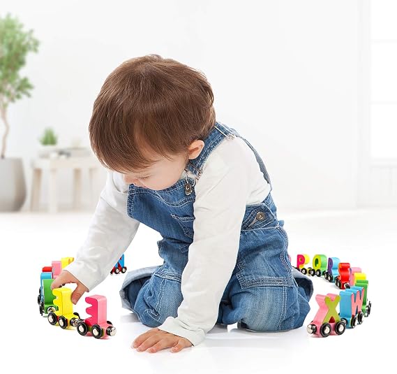Wondertoys 27 PCS Wooden Alphabet Train Toy Wooden Magnetic Alphabet ABC Train Set