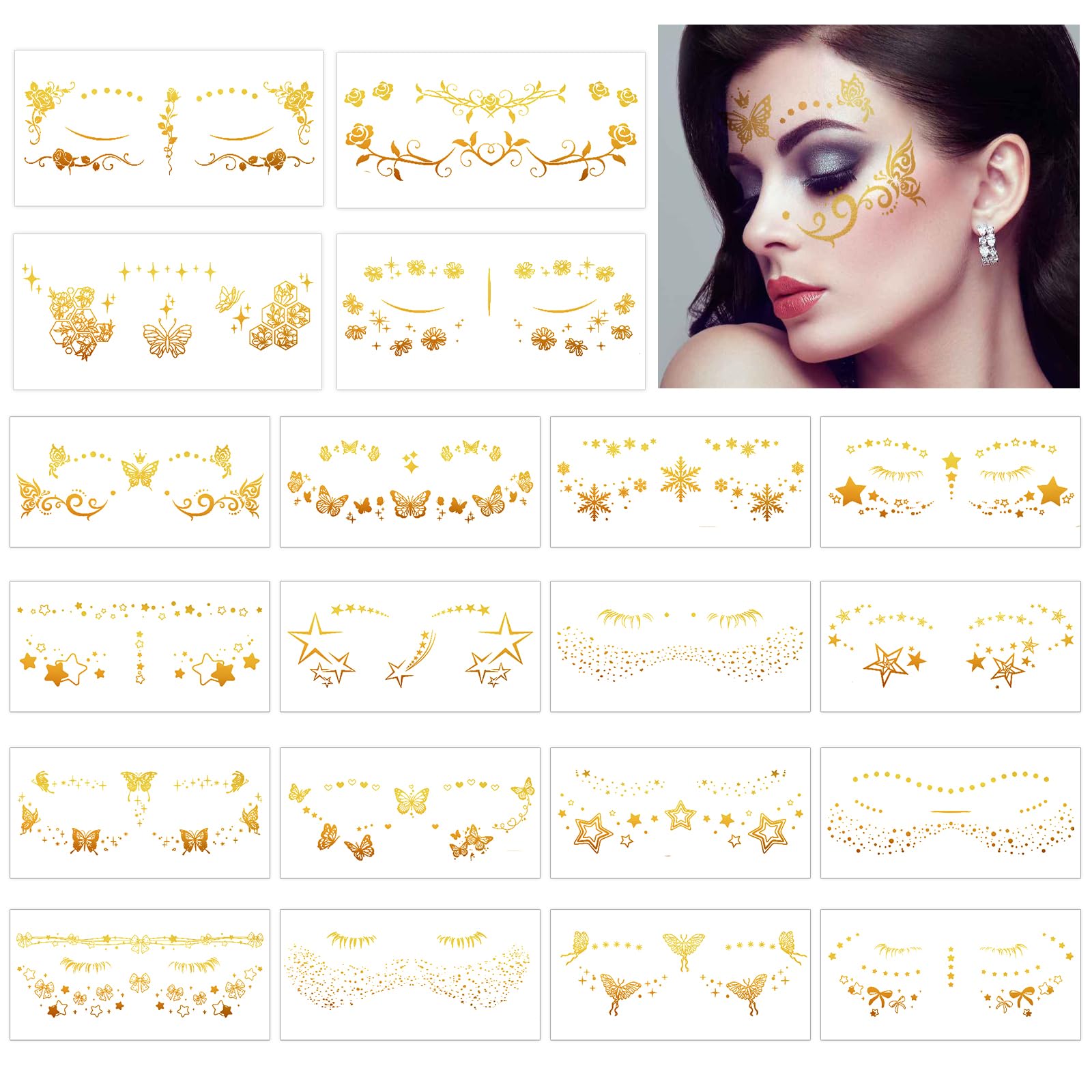 Konsait 20 Sheets Gold Makeup Face Tattoos, Star Butterfly Flowers Freckles Metallic Temporary Tattoos for Women Girls, Halloween Parties Favors &