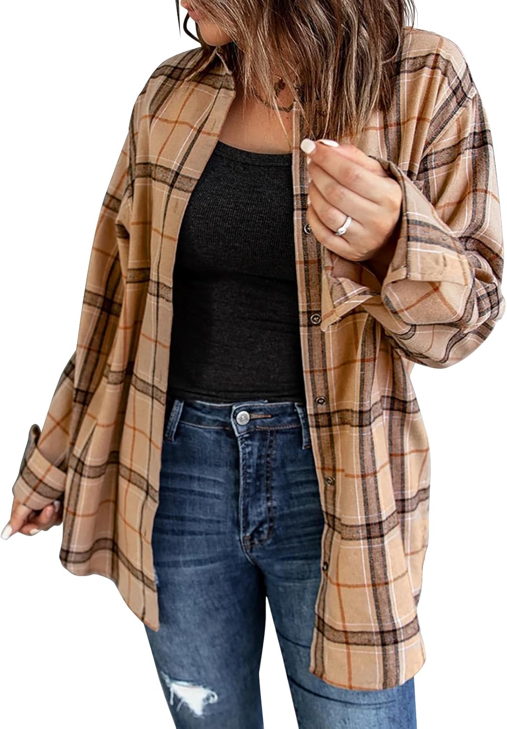 Product image of Womens Long Sleeve Plaid Shirts Flannel Collared Button Down Shackets Casual Rolled Up Boyfriend Blouses Tops