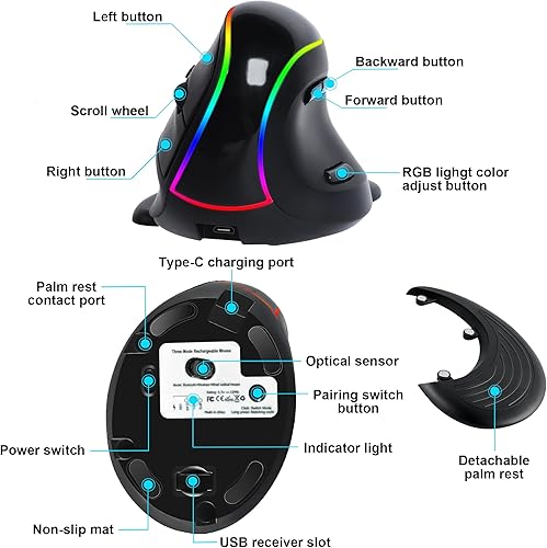 Miniatura 8 de Ratón vertical inalámbrico RGB Tri-Mode (2.4G inalámbrico+Bluetooth+cableado) Ratón ergonómico con reposamanos extraíble 800-1200-1600-2400 DPI