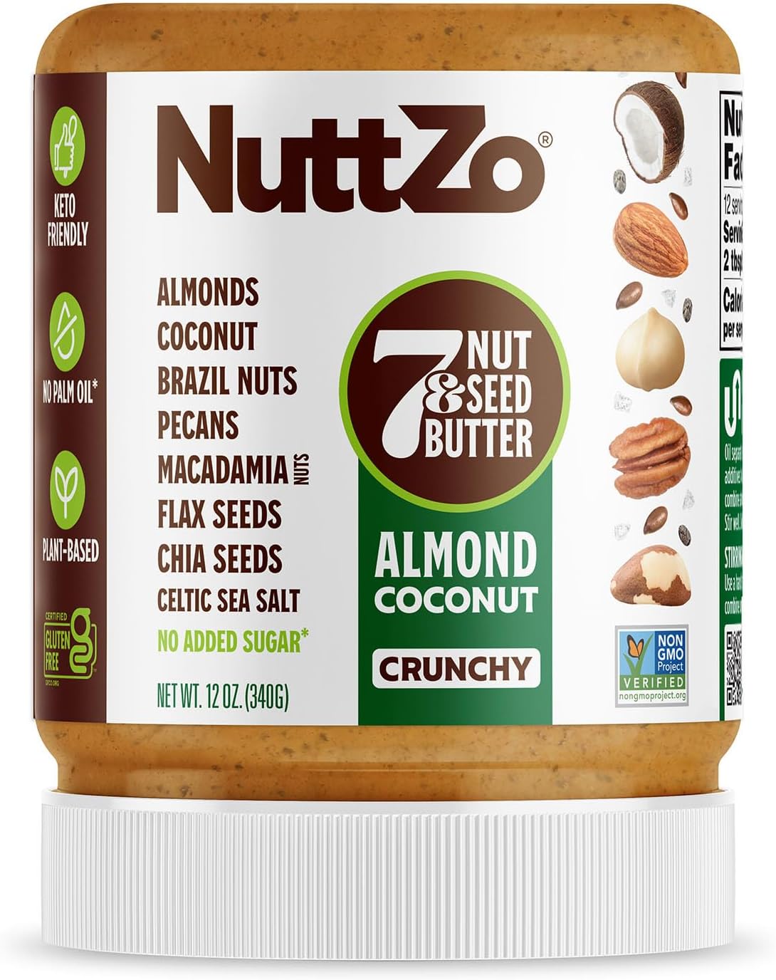 NuttZo Keto Almond Coconut 7 Nut and Seed Butter, Almonds Coconut Brazil Nuts Pecans and More, Keto-Friendly No Added Sugar or Oil, Non GMO, Gluten-Free, 2g Net Carbs, 12 oz