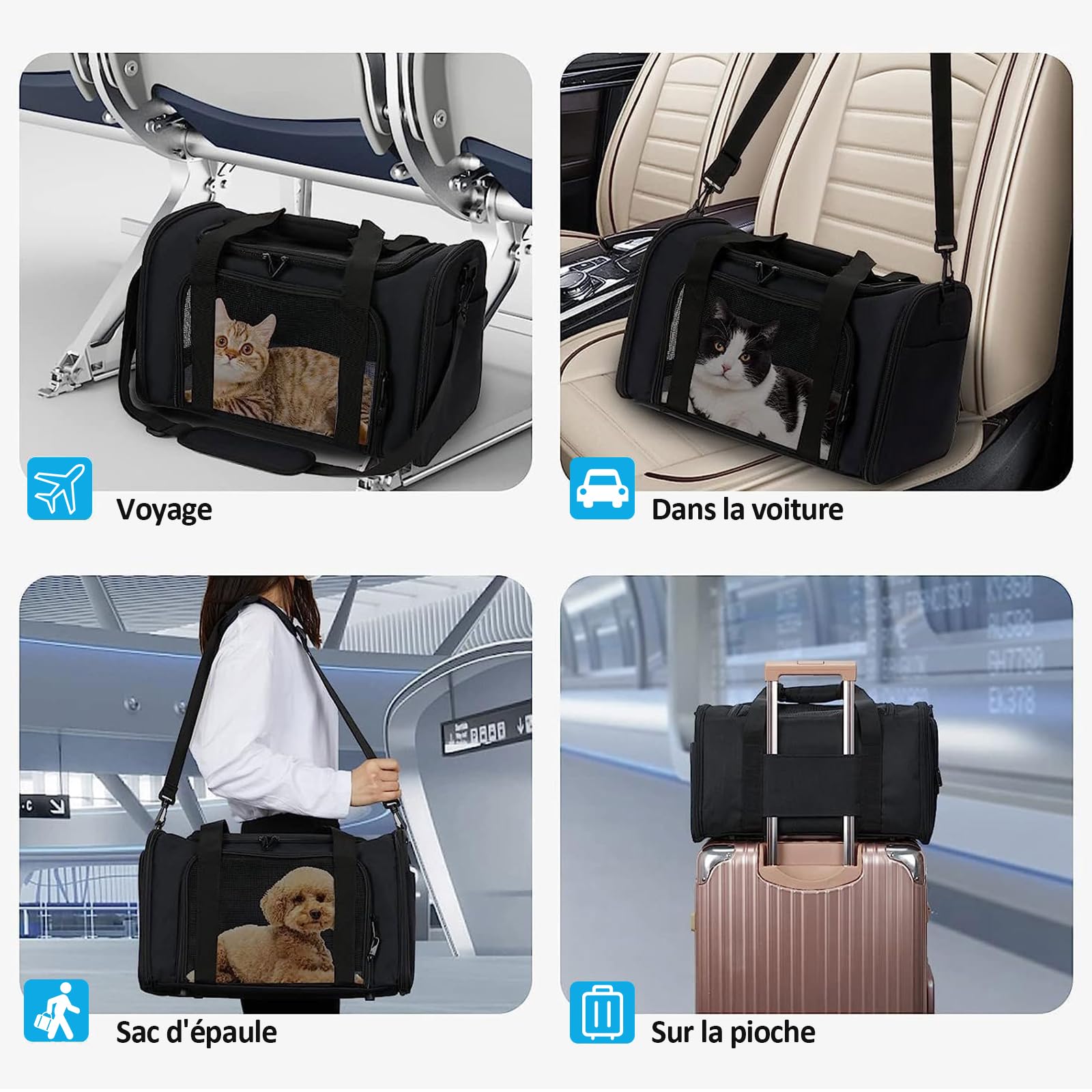 Sac de Transport Chat, avec Matelas Souple, Bandoulière Réglable, Design Pliable et Portable, Tissu en Maille pour la Ventilation, pour Chats et Chiots (Noir, L43 ×I 28 ×H 28 cm)