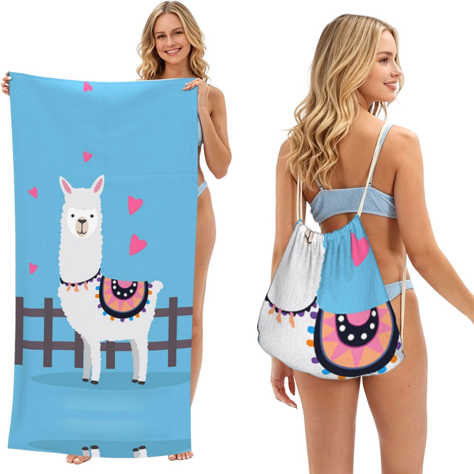 ESNAIUVCD Cute Alpacas Print Beach Towel For Adults,Towel With Drawstring Bag, Travel Pool Swimming Sports Shower Sand Free Quick Dry Bath Towel For Pool, Beach, Yoga- 180x60cm