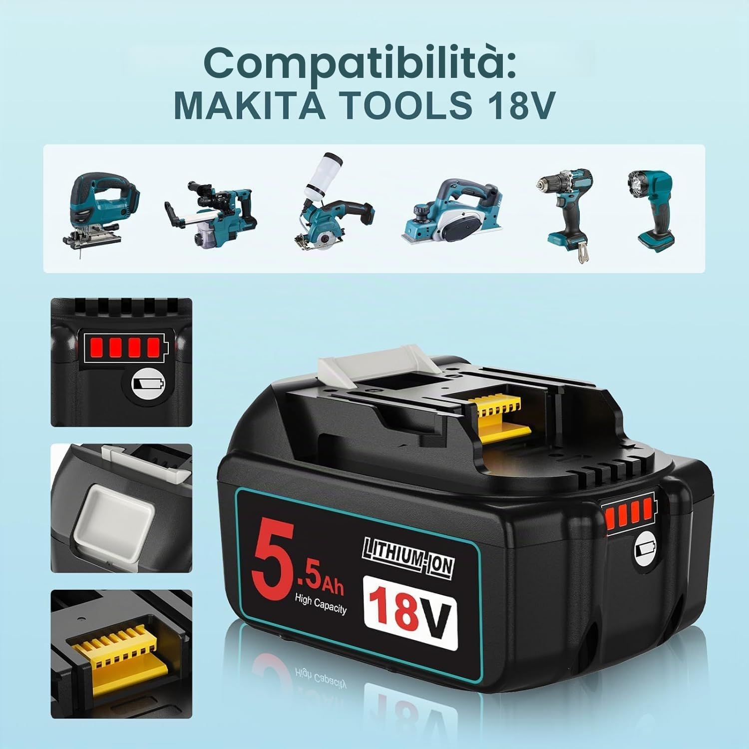 Batteria di ricambio per Makita 18V 5.5Ah+3A Caricabatterie per Makita 18V BL1850 BL1840 BL1830 BL1820 BL1815 e Caricabatterie DC18RA DC18RC DC18RD (Grigio)