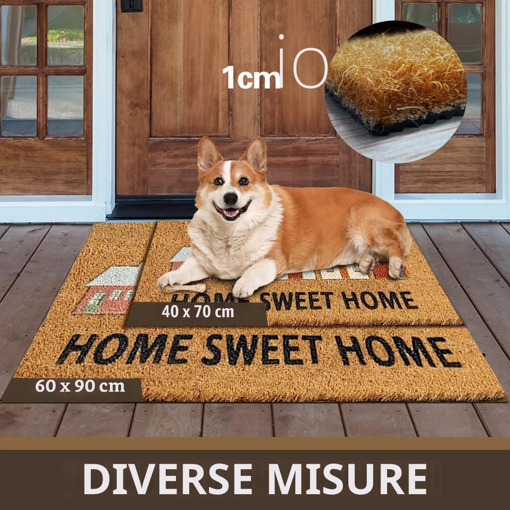 Qingbei Rina Zerbino per Porta Esterna, 60x90cm Zerbino per Porta d'Ingresso in Fibra di Cocco Resistente Esterno con Retro Antiscivolo, Grandi Zerbini per Porta Esterna - Home Sweet Home