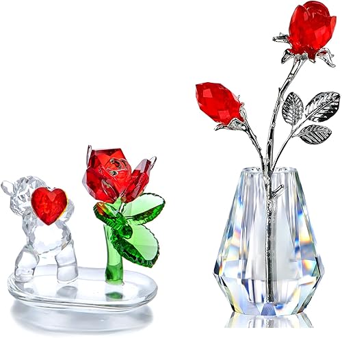 Miniatura 1 de H&D HYALINE & DORA Oso de cristal, corazones y rosas rojas, estatua de cristal de corte coleccionable, artesanías, objetos decorativos con base de