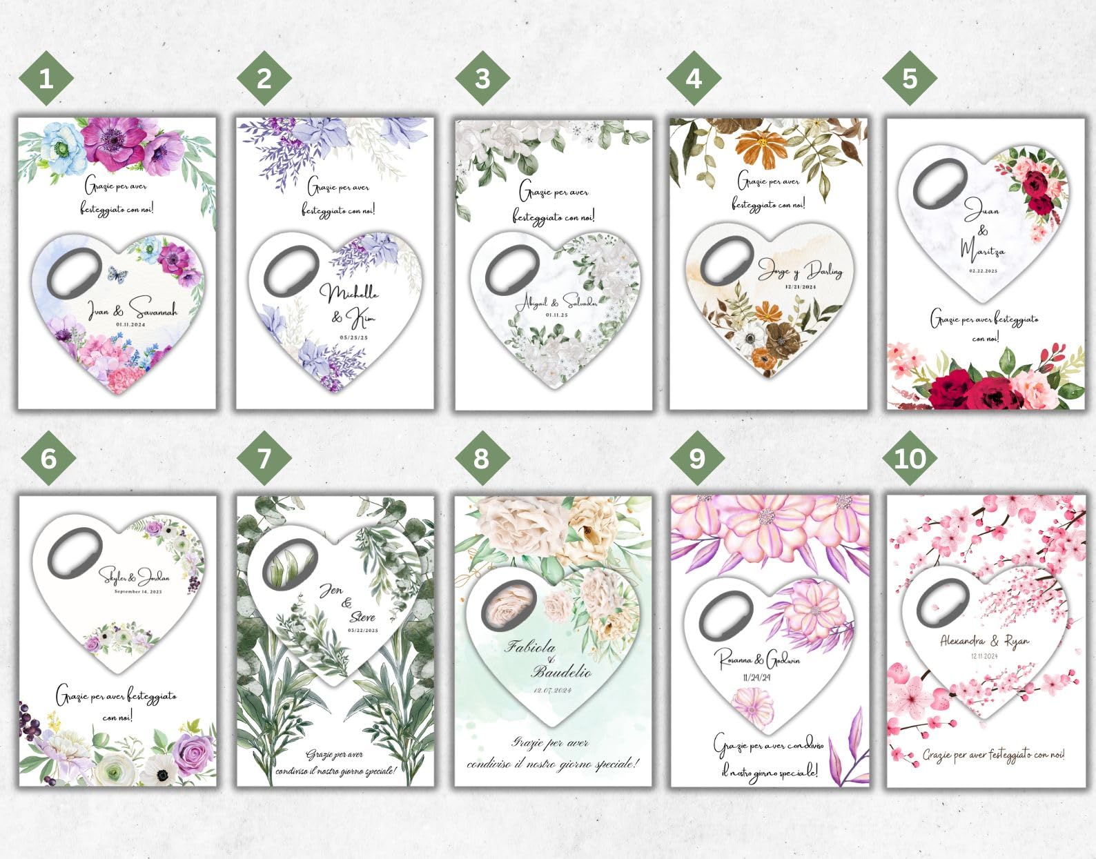 Bomboniere matrimonio personalizzate, calamita apribottiglie a forma di cuore con biglietto di ringraziamento, regalo per invitati e festa di (Apribottiglie + biglietto di ringraziamento)(Set da 30)