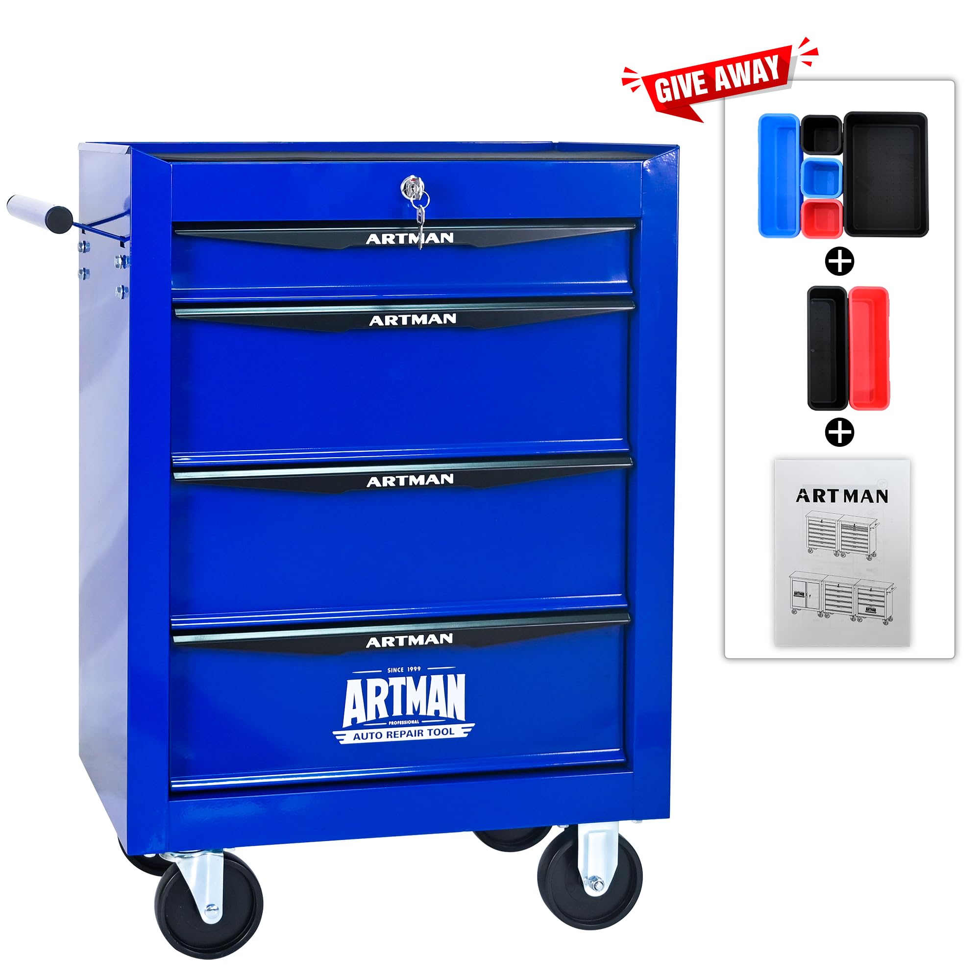 Rolling Metall-Werkzeugkiste con Steel, 4 Cassetti e Ruote con Freno, Armadio per Attrezzi 20" con Guide a Sfere, Organizzatore Garage e Officina, Nero e Blu, 52.4 x 33 x 65.6 cm