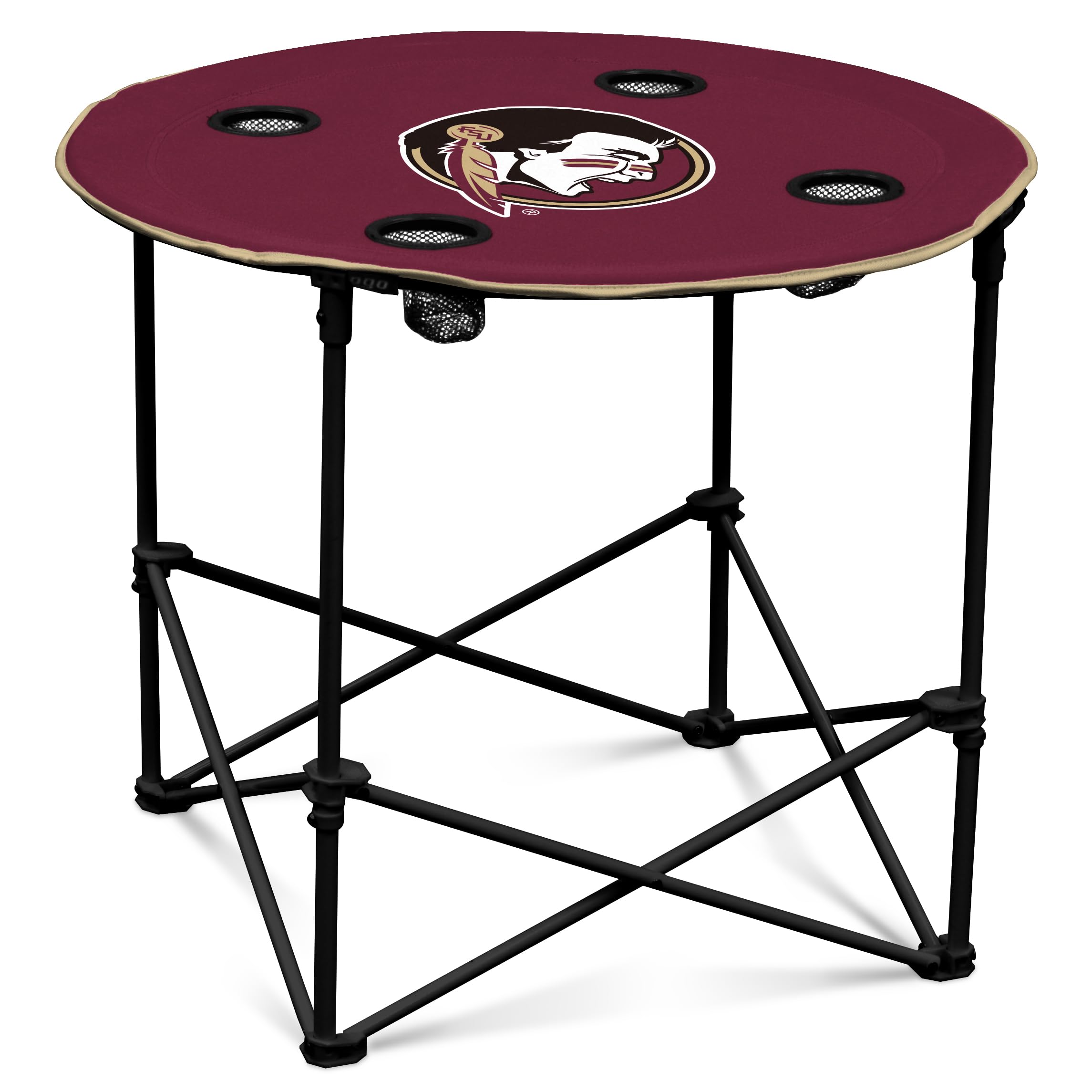 Logo Brands NCAA Florida State Seminoles Round Tailgating Table – Portable with Foldable Legs, 4 Cup Holders, Powder-Coated Steel, and 27.6" Surface Diameter, Team Color