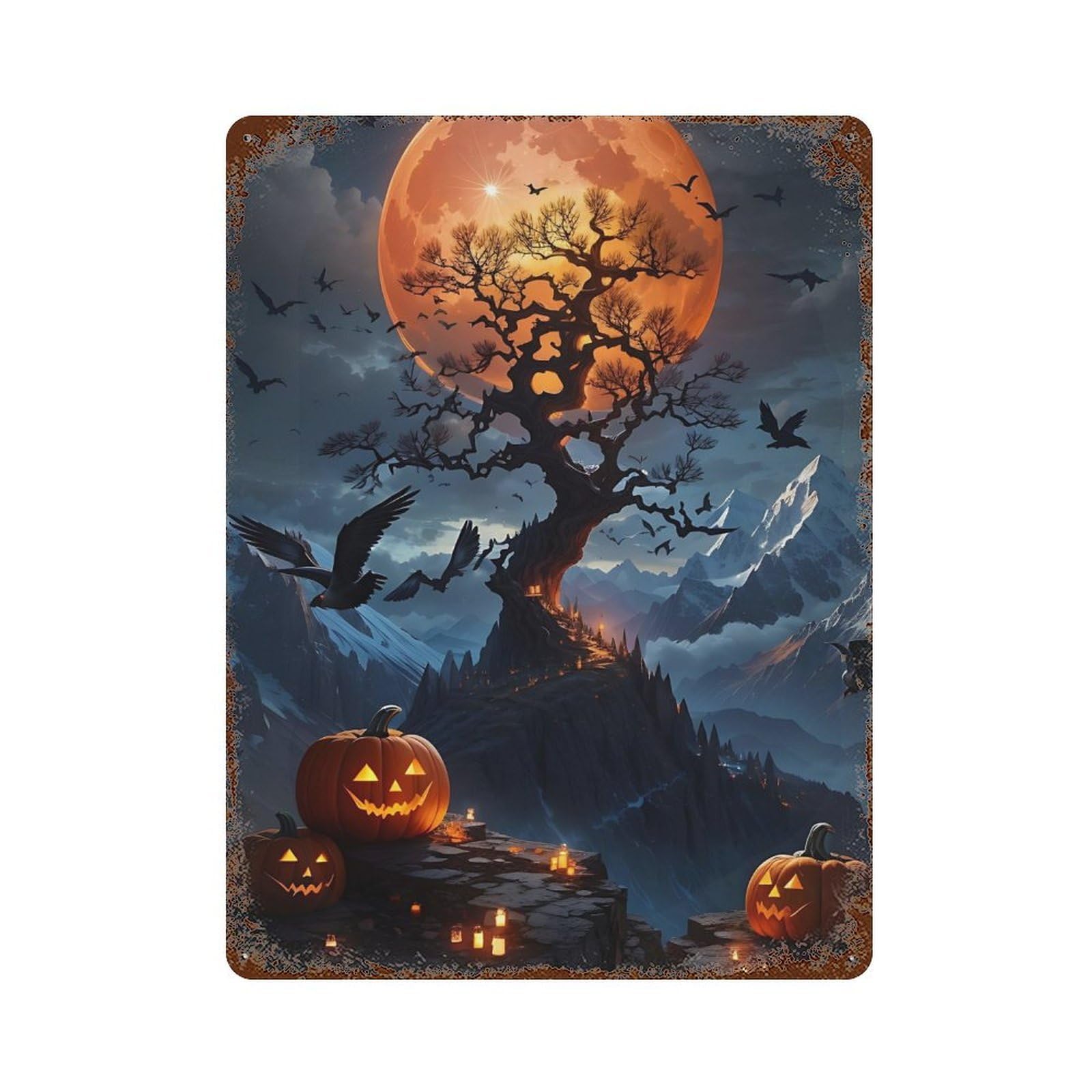 Garage Style Halloween Moonlit Mountain Rustic Tin Plaque 15.7"x11.8", Vintage Wall Decor for Bar And Workshop