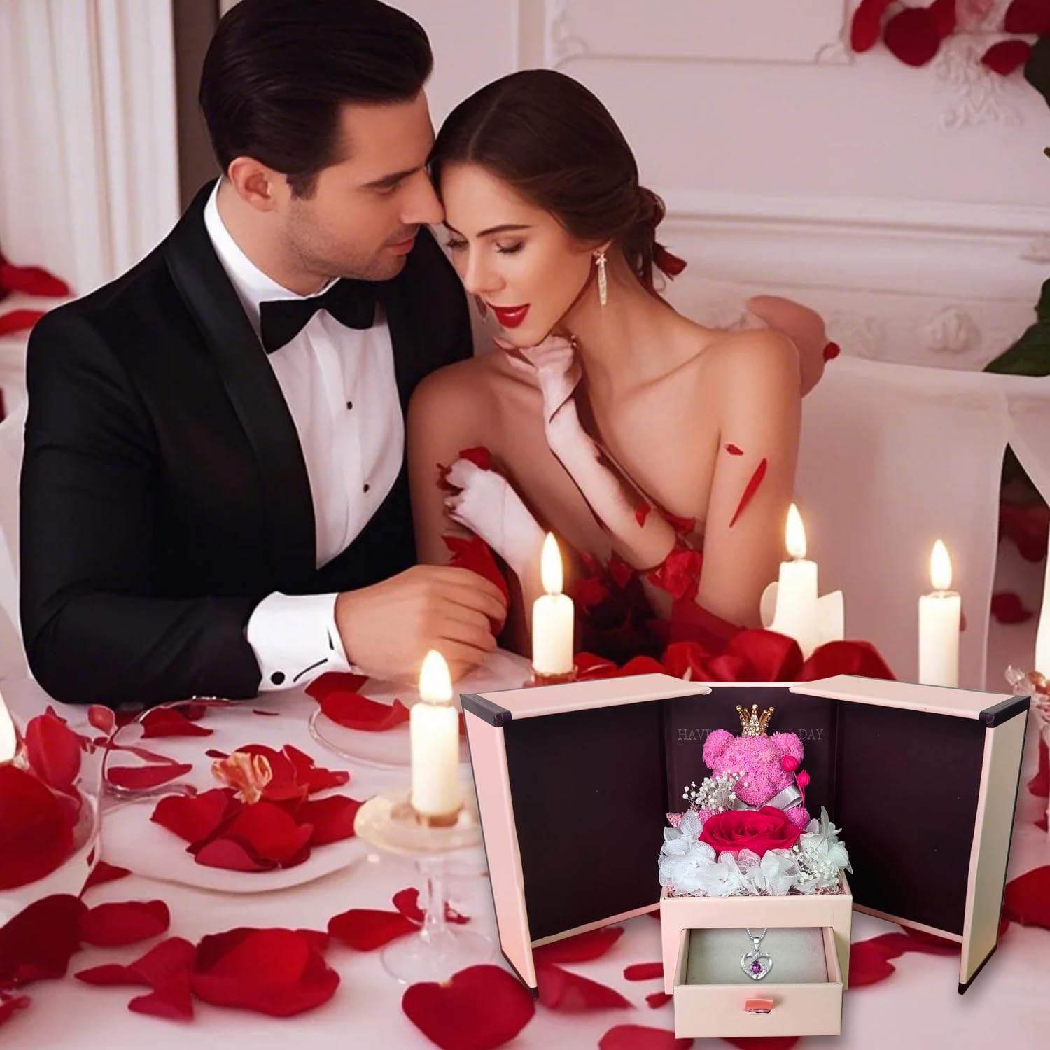 Rose Éternelle Avec Collier Coeur - Coffret Cadeau Romantique 'I Love You' Pour Saint-Valentin Et Anniversaire