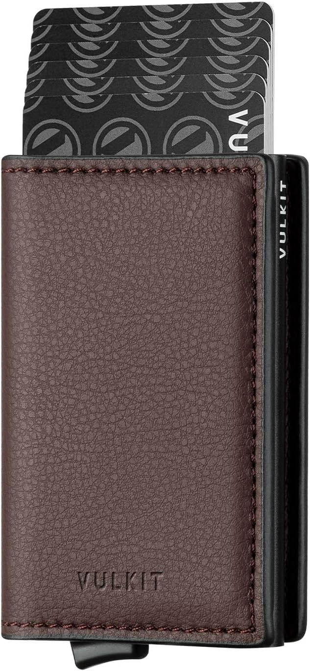 VULKIT Credit Card Holder RFID Blocking Leather Automatic Pop Up Wallet Aluminum Slim Pocket Bifold Business Card Case, Dark Brown, Small