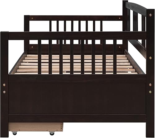 Miniatura 6 de P PURLOVE Sofá cama de madera con rieles, cama individual, listones de madera que soportan la vida moderna (individual con cajones, color espresso)