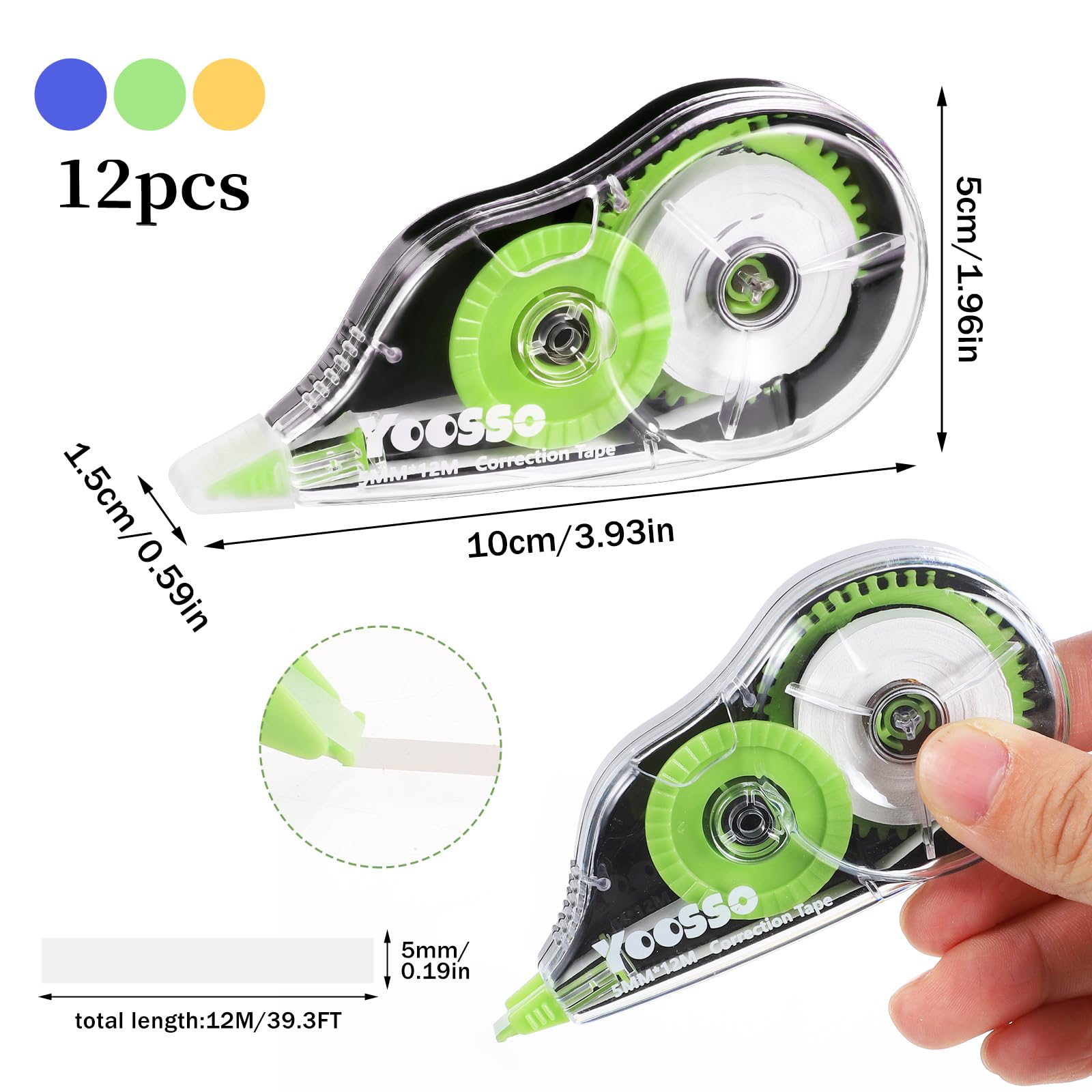 Yoosso 12 Pezzi Bianchetto a Nastro 12m x 5 mm Correttore a Nastro per Bambini Studenti Ufficio (Giallo + Blu + Verde)