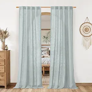 LAMIT Greyish Blue Linen Boho Curtains 80 inch Length 2 Panels, Light Filtering Semi Sheer Panels Back Tab and Rod Pocket Neutral Drapes for Bedroom/Living Room, 34 x 80 Inch