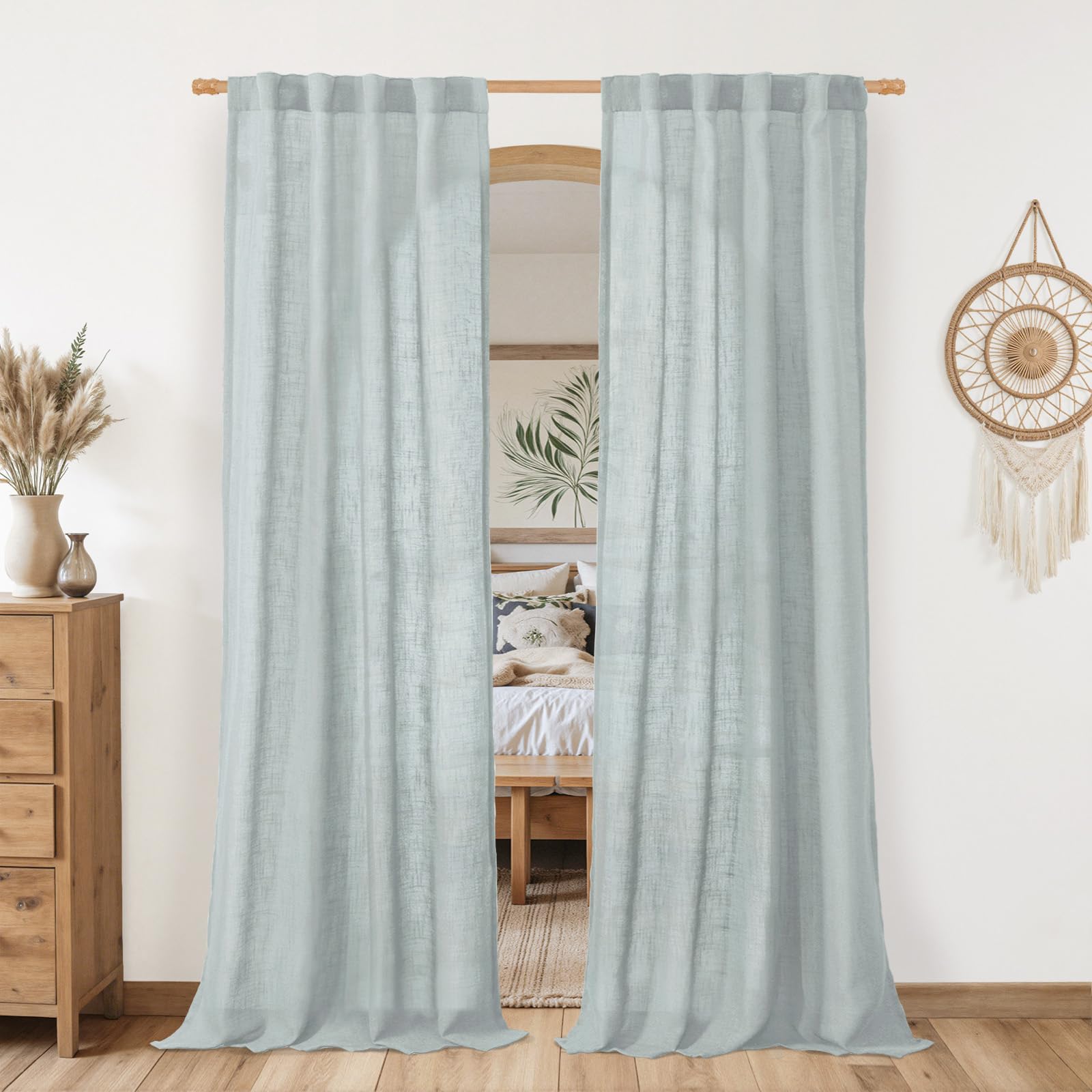 LAMIT Greyish Blue Linen Boho Curtains 80 inch Length 2 Panels, Light Filtering Semi Sheer Panels Back Tab and Rod Pocket Neutral Drapes for Bedroom/Living Room, 34 x 80 Inch โ image 1
