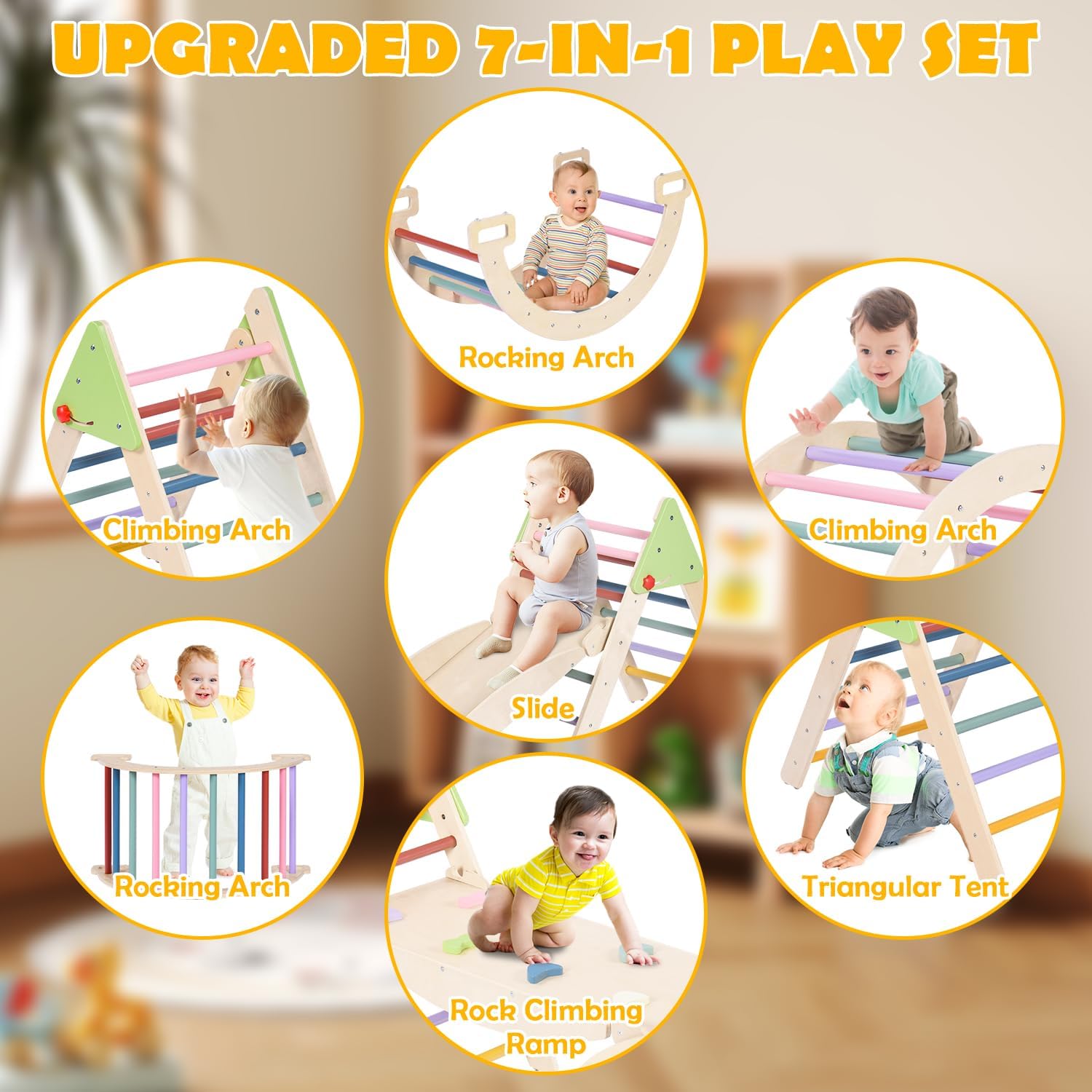 5 in 1 Wooden Pikler Triangle Set, Foldable Indoor Toddler Climbing Toys, Montessori Climbing Set for Children with Arch, Ramp, Ladder, Jungle Gyms for Kids, Baby Sensory Toys