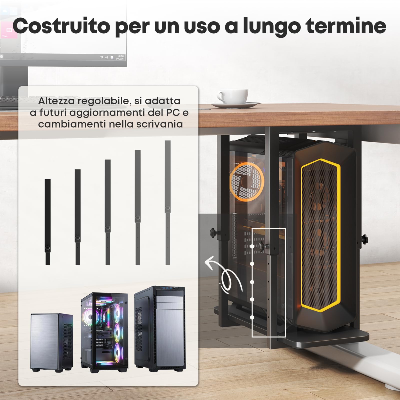 Supporto PC sotto scrivania, resistente e regolabile in altezza – Supporto per case PC, salvaspazio, capacità max 30 kg, Nero