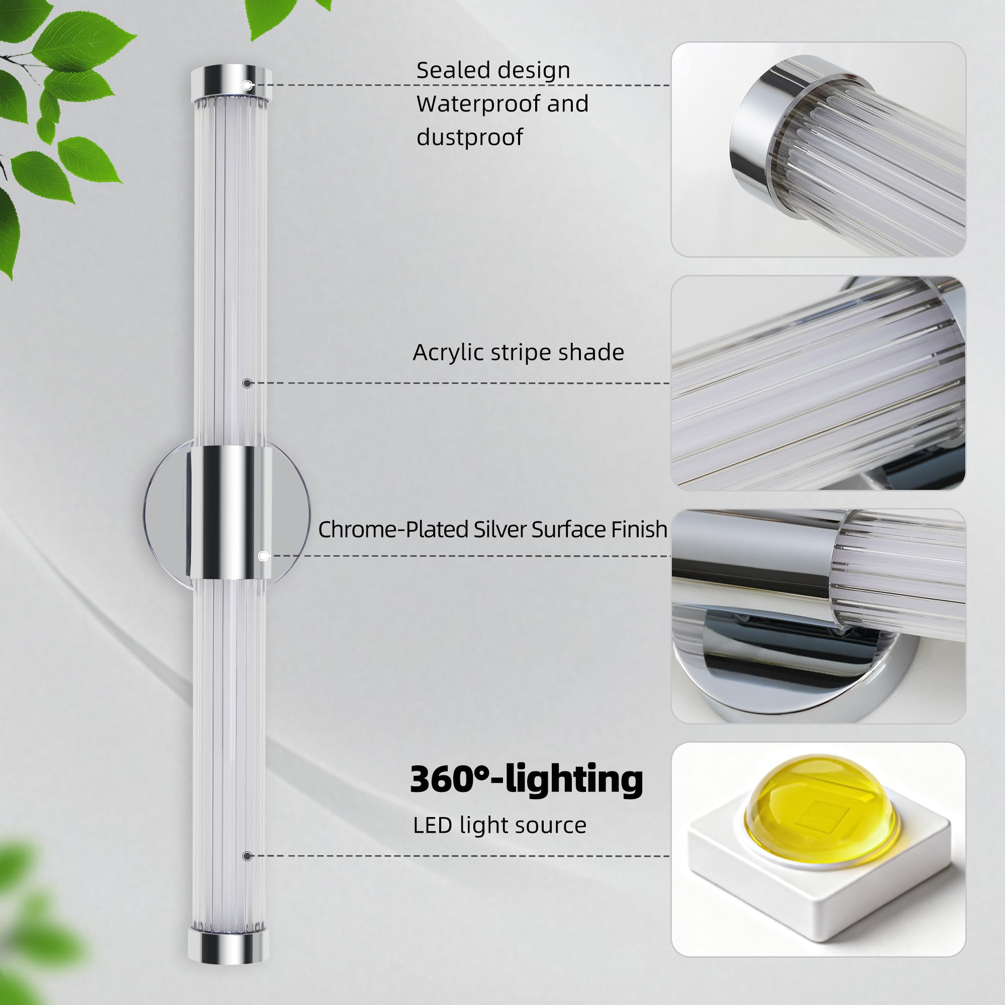 MantoLite LED Lámpara para espejo de baño - 60,5 cm IP44 Lámpara para espejo de baño 360° Lámpara de pared moderna para interiores 12 W 3 CCT Ajustable Lámpara para cuadros Cromo