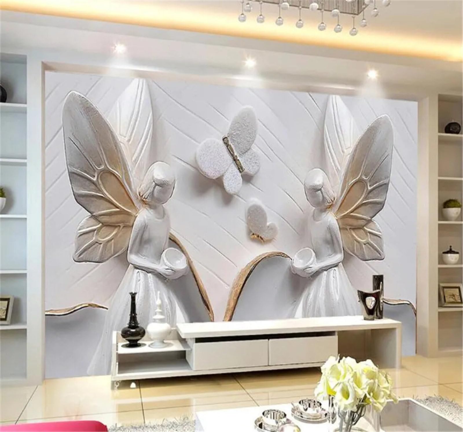 Tzxztt Minimalist Three Dimensional Angel Relief Butterfly Modern 3D Wallpaper Premium Textured Silk Neutral Tones Material Ideal for Living Room Bedroom-430cm×300cm
