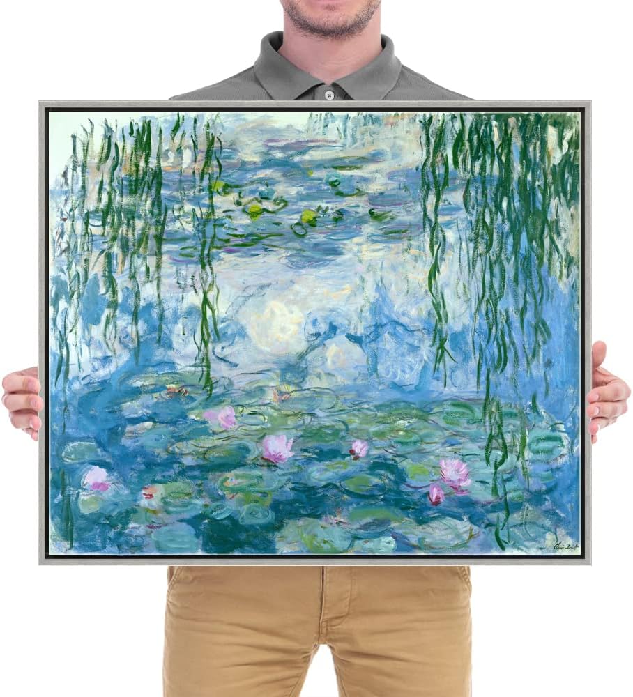 Wieco Art Framed Wall Art Water Lilies by Claude Monet Canvas Print Paintings Reproduction Modern Canvas Wall Art for Home and Office Decoration Abstract Artwork Silver Frame