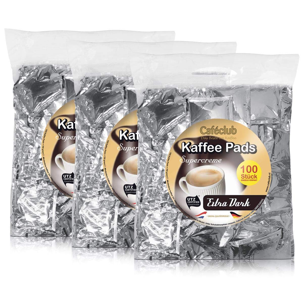 3x Cafeclub Extra Dark Kaffeepads Megabeutel je 100 stk. dunkle Röstung einzeln verpackt