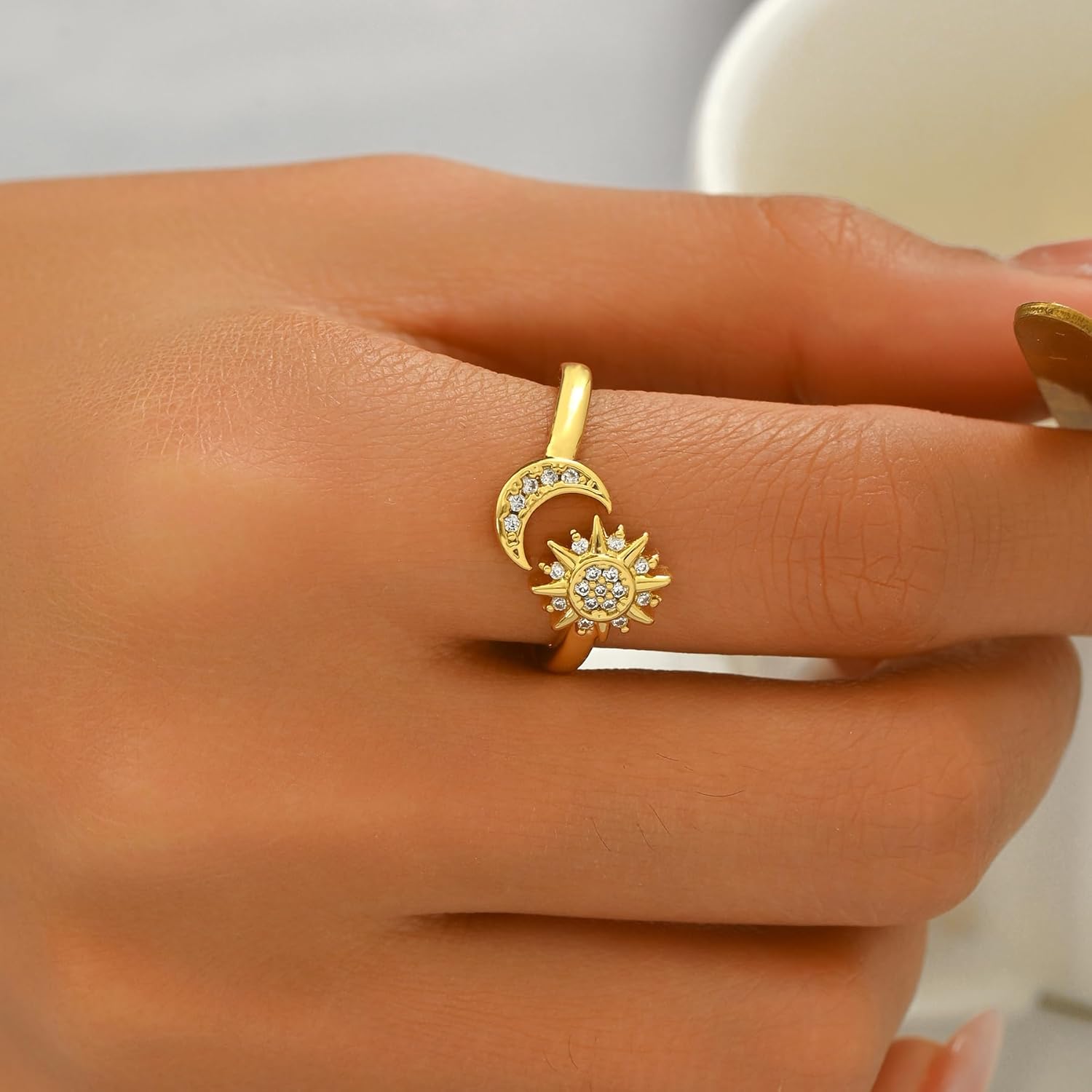 Cubic Zirconia Rings for Women Non Tarnish, 18K Gold Plated Dainty Stackable CZ Cross Moon Star Clover Leaf Open Ring, Eternity Wedding Band Rings Jewelry, Christmas Gifts - Image 3