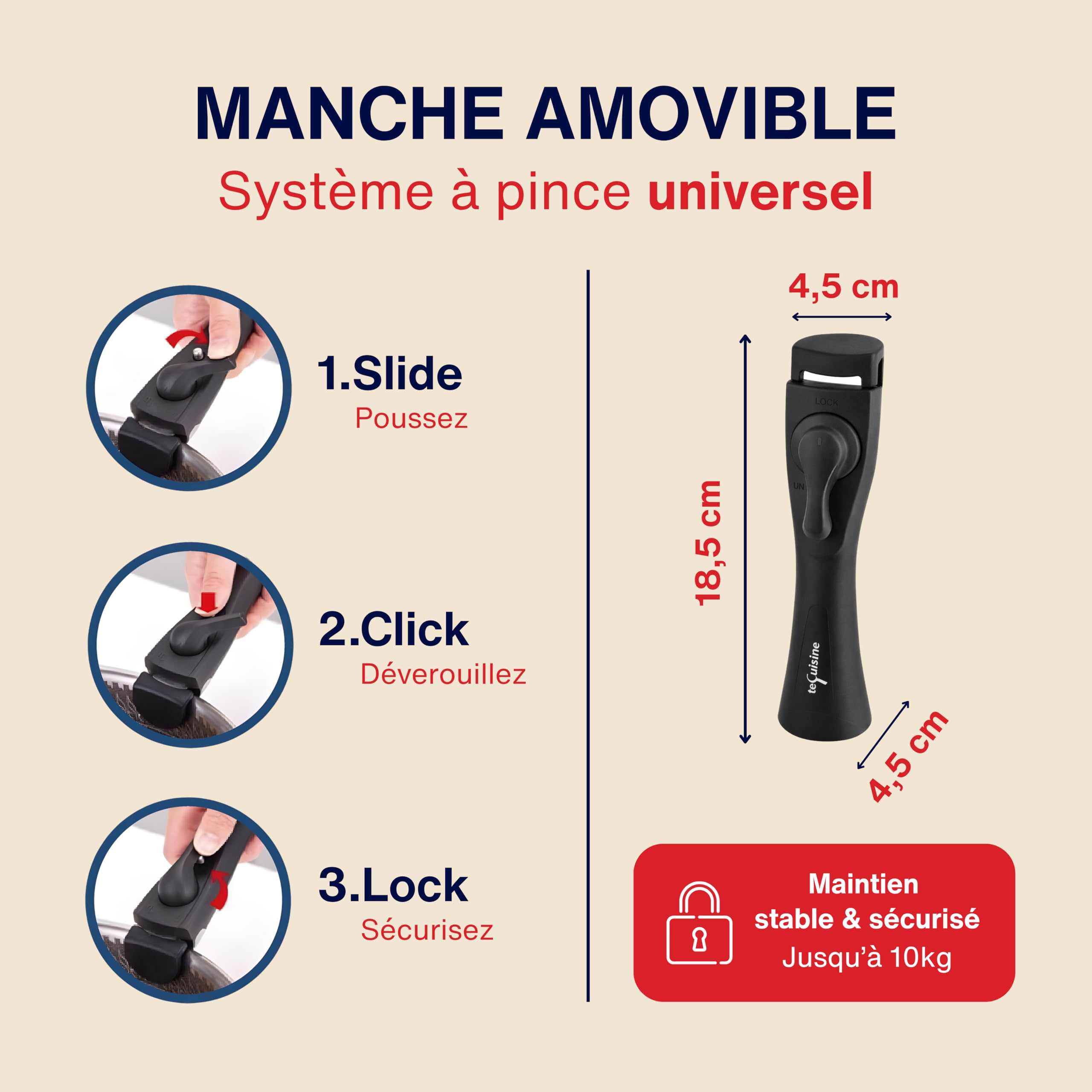 Manico rimovibile universale – Sistema a morsetto standard – Manico rimovibile rimovibile rimovibile per stufa, pentola, wok, padella e batteria da cucina – fissaggio sicuro – manico