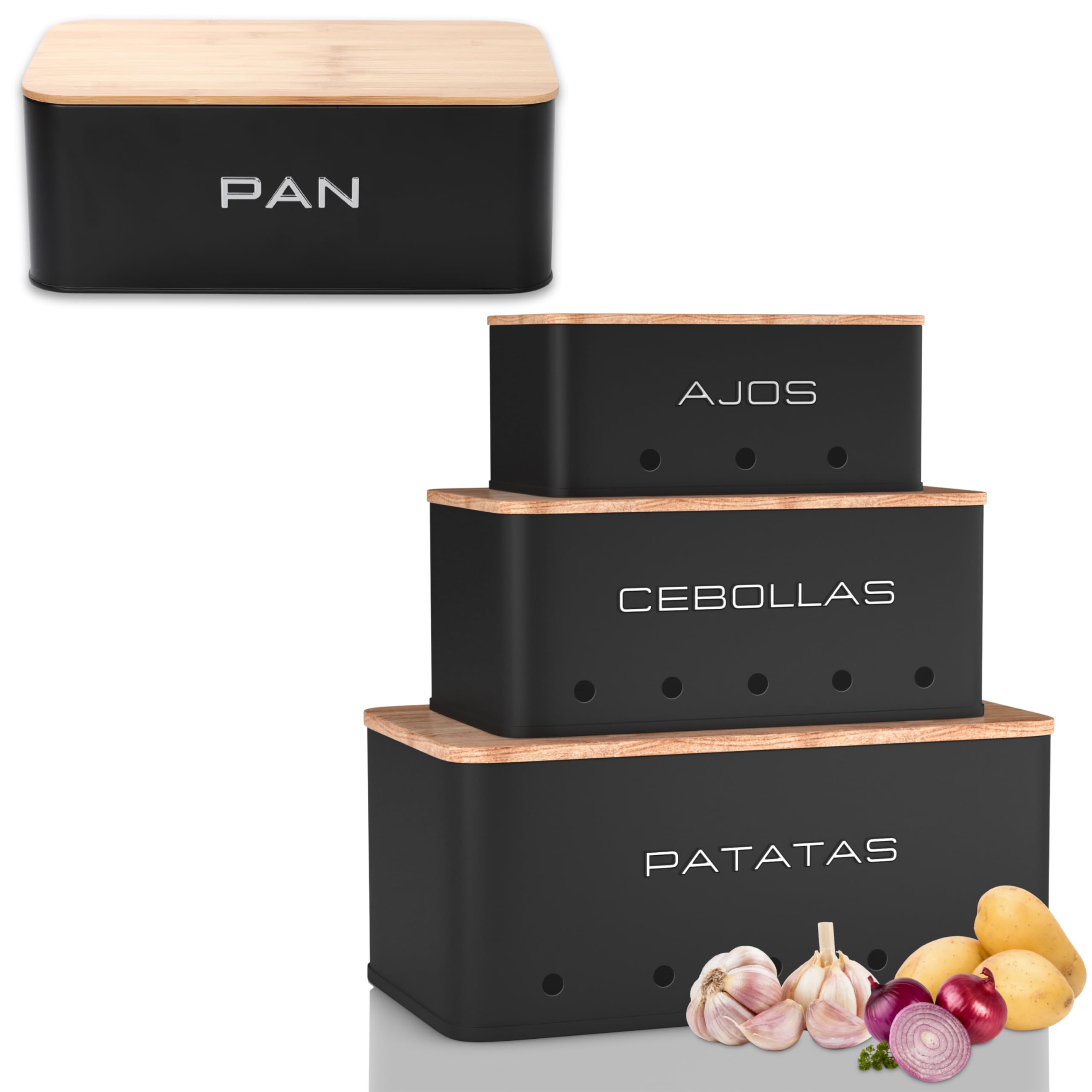 Set Organización Cocina 4 Piezas: Panera + Juego de 3 Botes para Patatas, Cebollas y Ajos. Cajas de Almacenaje Metal Negro Mate con Tapa de Bambú y Ventilación