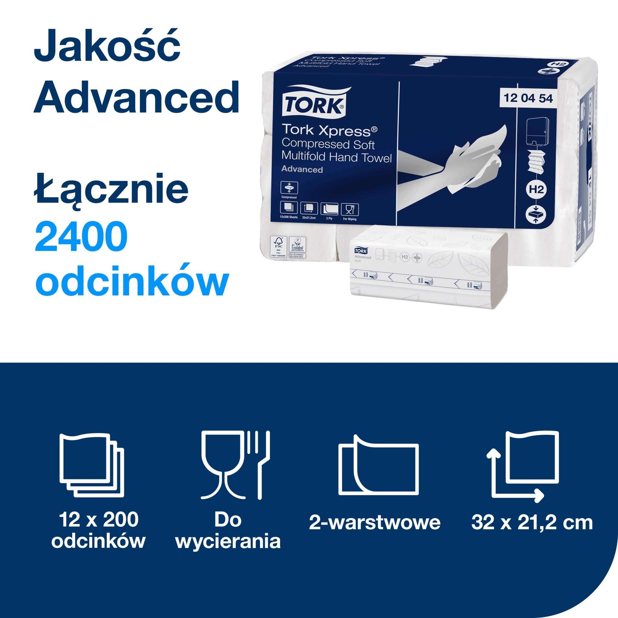 Tork Xpress Miękkie, Składane Ręczniki do Rąk, Białe, H2, Zaawansowane, 2-Warstwowe, Składane w M, Duże, 12 x 200 Arkuszy, 120454