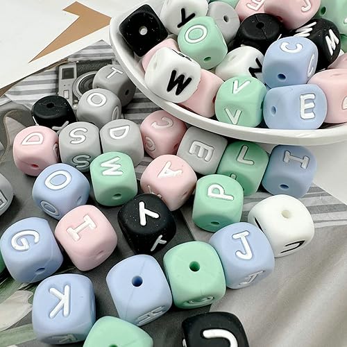 Miniatura 4 de Alfabeto de silicona con 26 cuentas de letras de 0.472 in, 78 cuentas sueltas de silicona con letras de colores mixtos para bricolaje collar pulsera