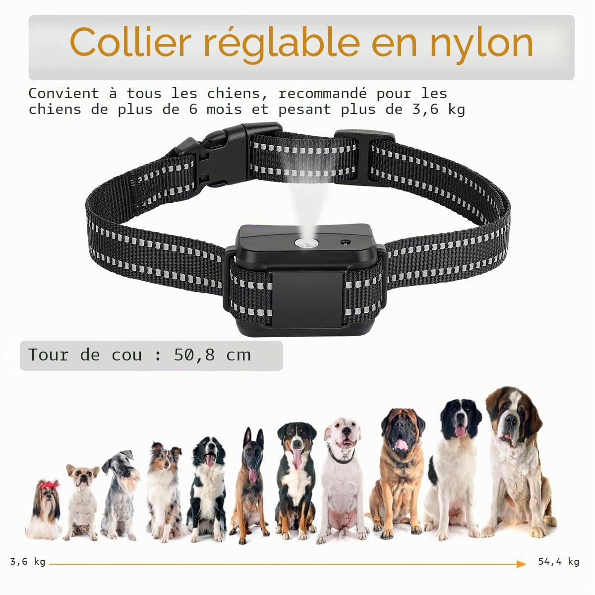 Collier anti-aboiement Dispositif de sécurité sans choc 2 niveaux de pulvérisation réglables S/M/L