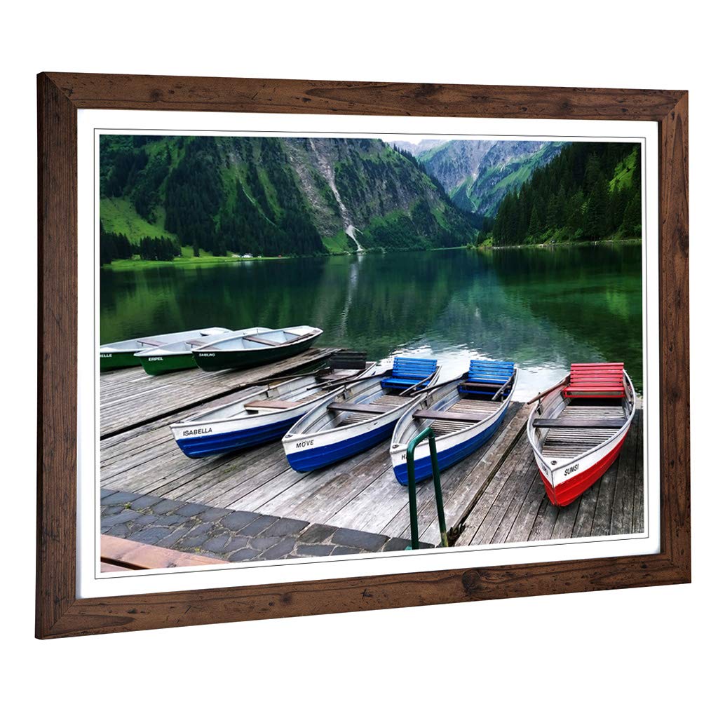 Big Box Art Framed Print of Boats on Jetty Lake & Mountains Design | Wall Art Picture | Home Decor for Kitchen, Living Room, Bedroom, Hallway, Walnut, A2 / 24.5x18 Inch / 62x45cm