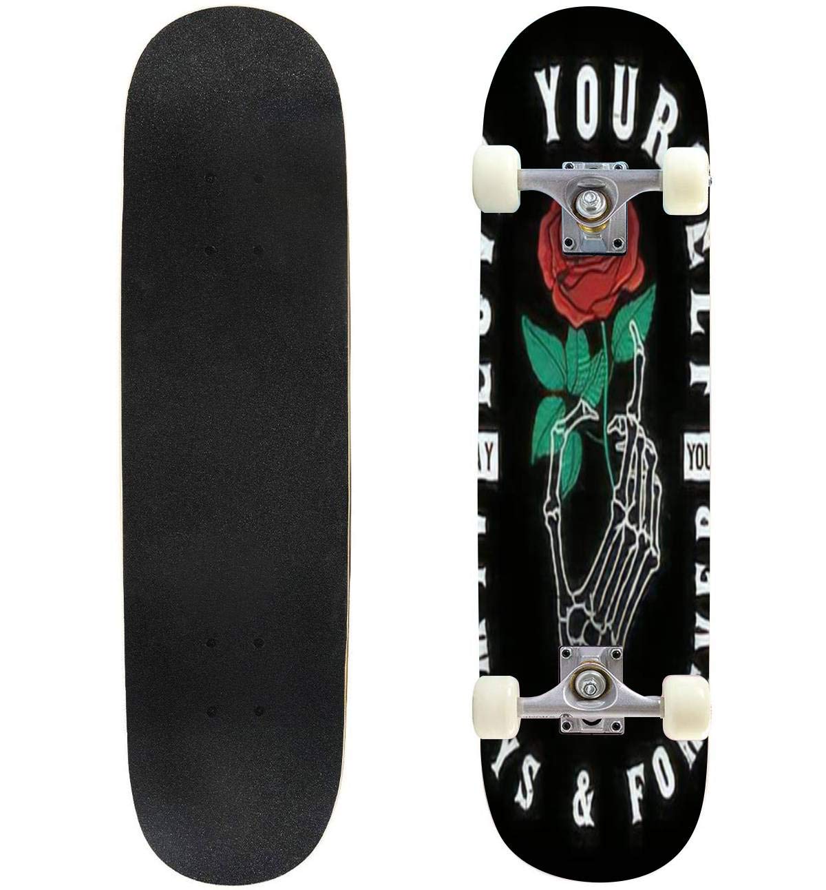 Classic Concave Skateboard Skeleton Hand Holding a red Rose Vector Illustration for t Shirt and Longboard Maple Deck Extreme Sports and Outdoors Double Kick Trick for Beginners and Professionals