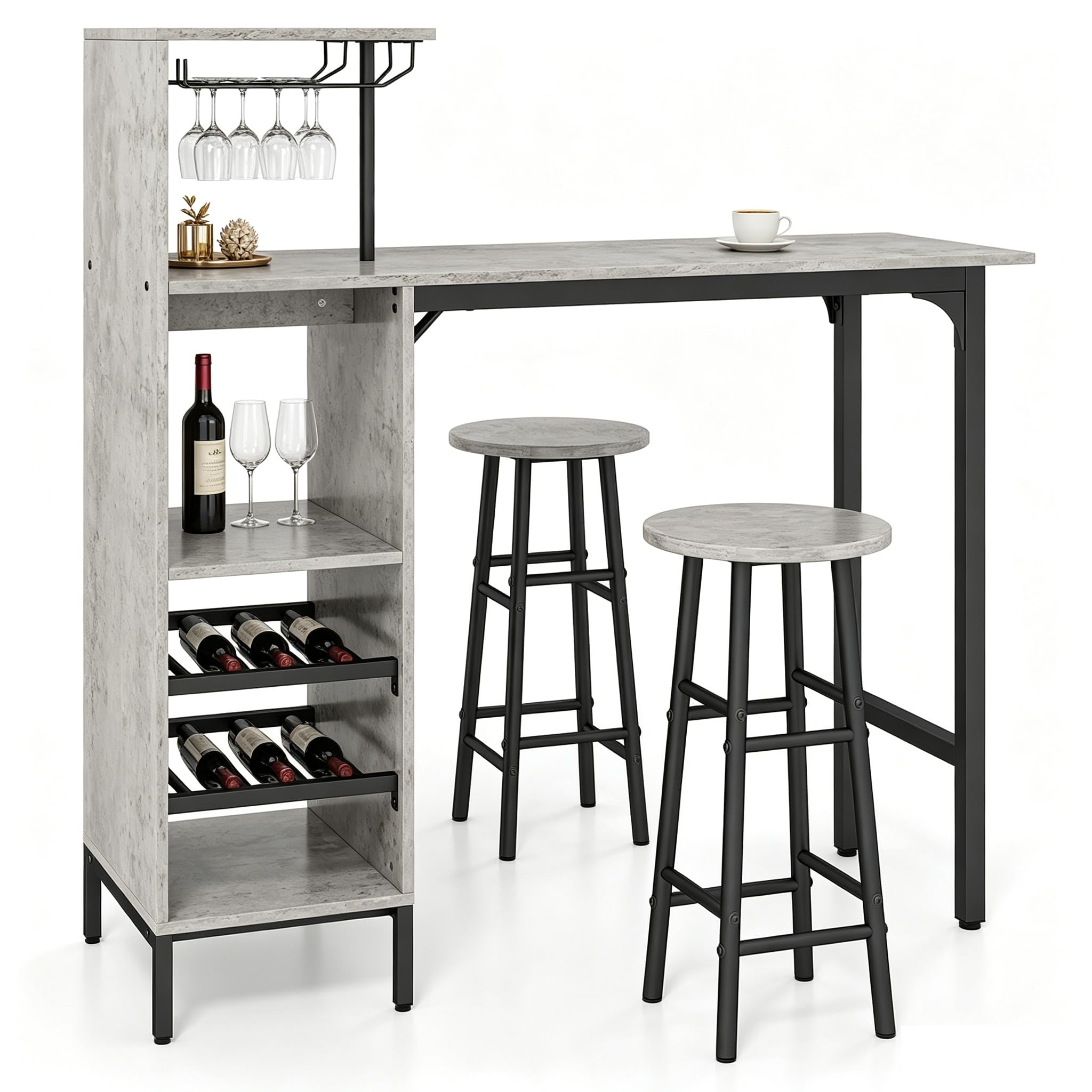 LIFEZEAL Juego de Comedor con 2 taburetes de Bar, Barra de Cocina con 2 sillas Altas, Mesa de Bar con peldaños Abiertos, botellero para Copas de Vino, para Cocina, salón y Bar (Gris)