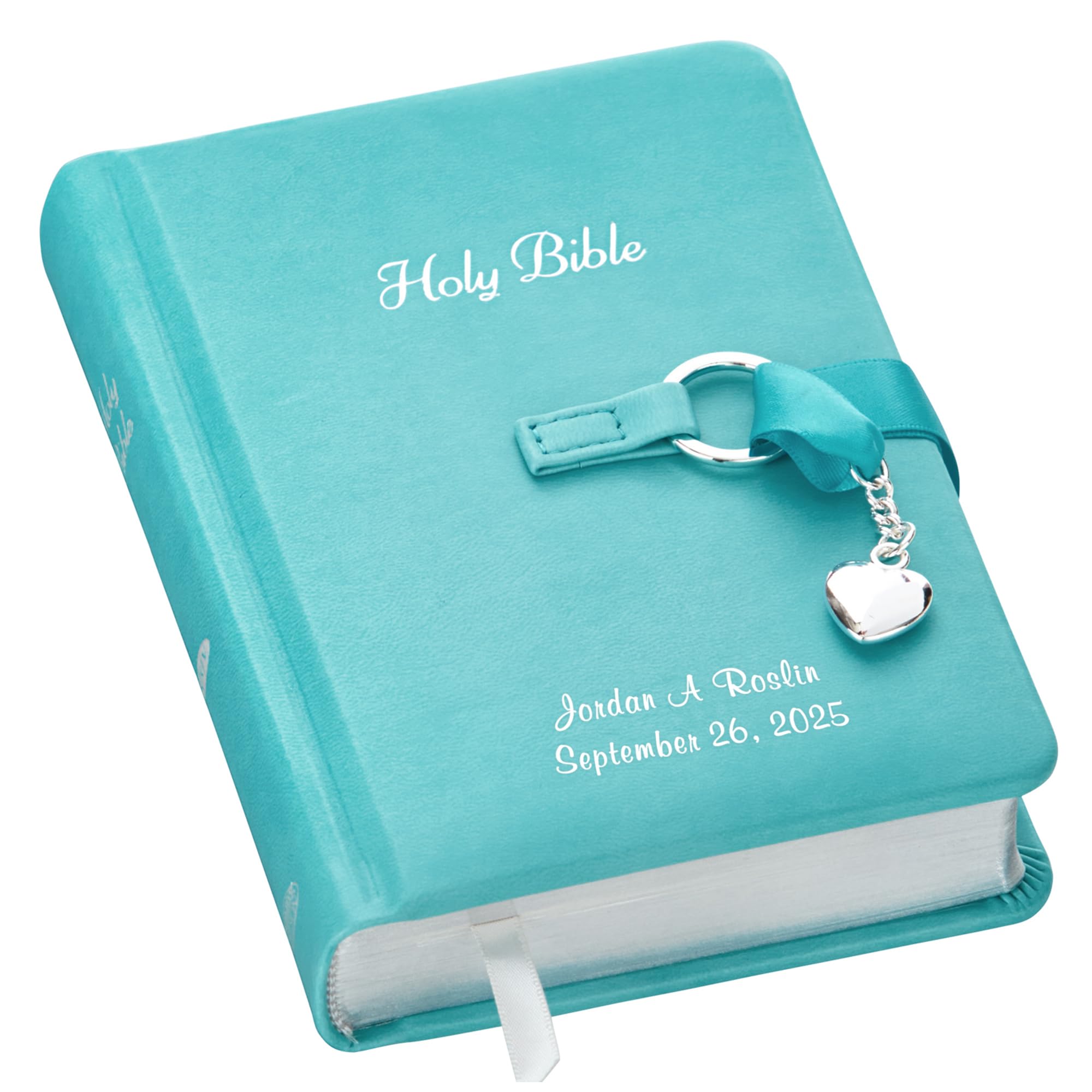 Let's Make Memories Personalized Children's Bible with Name Engraved - Baptism, Communion, Confirmation - Religious Keepsake - Easter Basket Stuffer - Silver Charm - Simply Charming - Blue