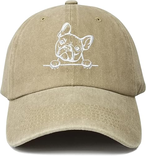 Miniatura 1 de Hepandy Gorra de béisbol bordada de bulldog francés para hombres y mujeres, color caqui lavado, gorra ajustable para papá, sombrero de camionero