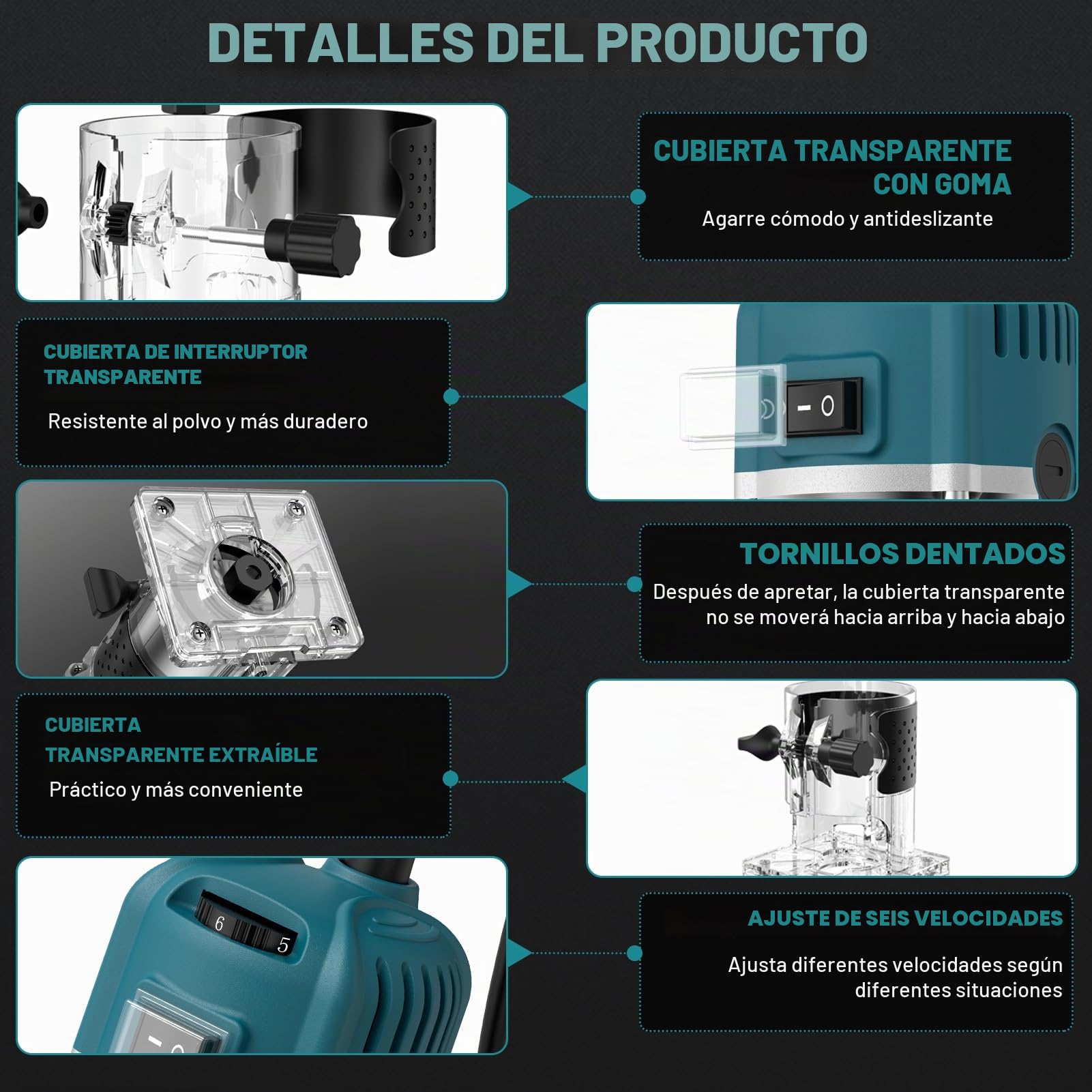 Fresadora eléctrica de madera con una sola mano, 1000 W, 30000 rpm, con 15 cabezales de fresado, 6 velocidades, fresadora con cierre rápido, ligero, resistente al polvo, motor de cobre