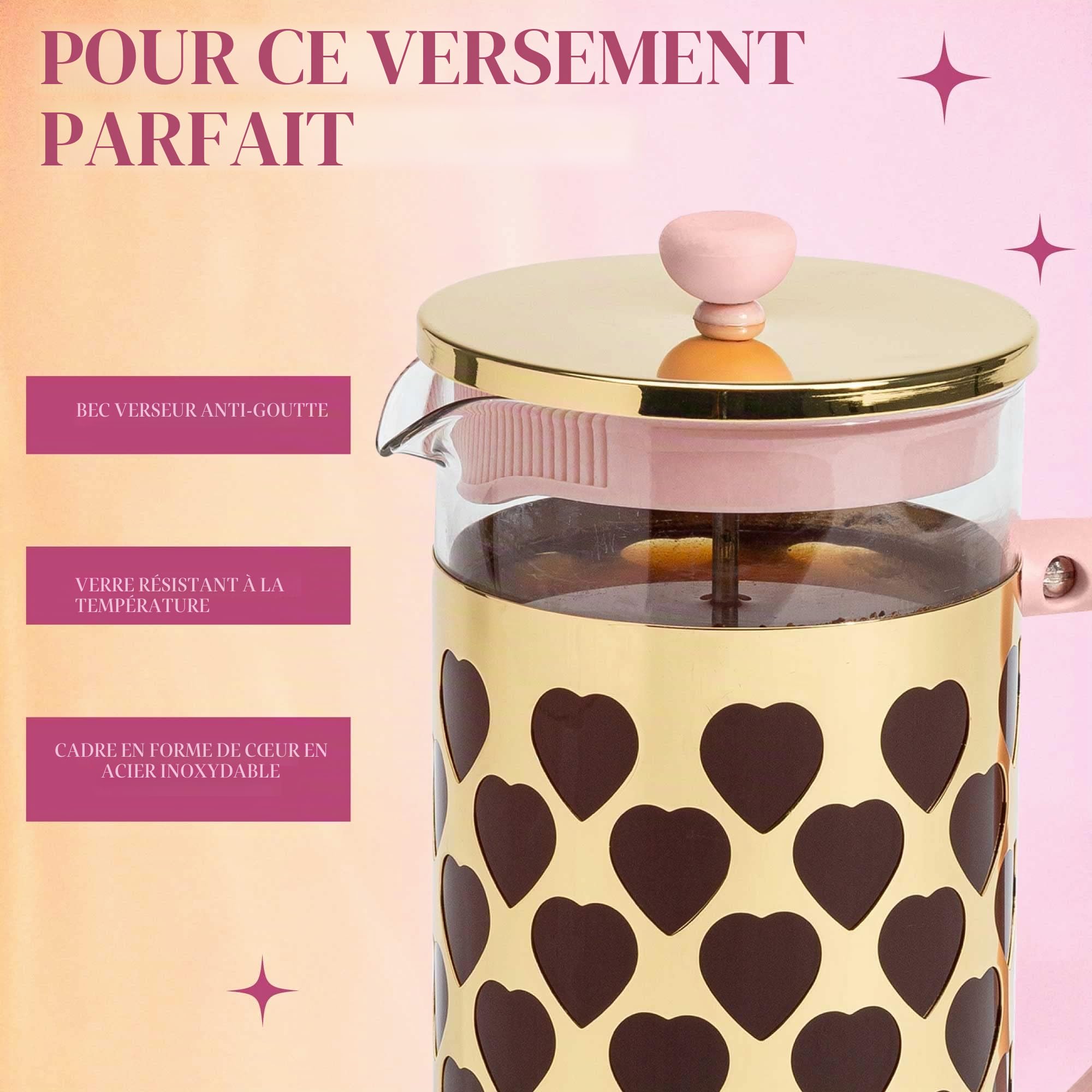 Paris Hilton Cafetière à piston française avec cuillère à mesurer en forme de cœur, lot de 2 pièces, 8 tasses ou 1000 ml, rose