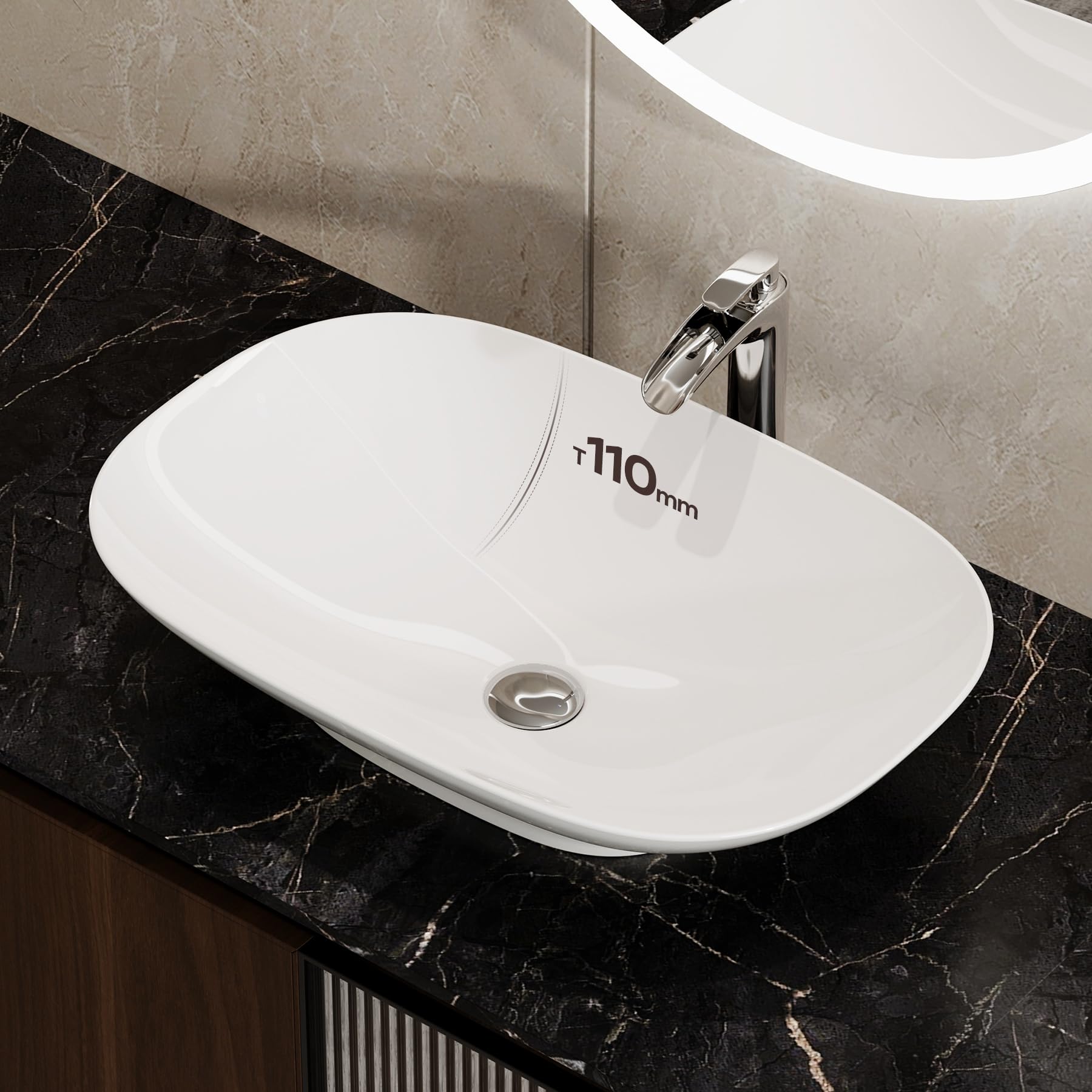 HOROW Aufsatzwaschbecken Modernes Waschbecken | mit Slim-Edge Design für Badezimmer Gäste-WC, dünner Rand, pflegeleichte Oberfläche, Keramik 60x40 cm Weiß