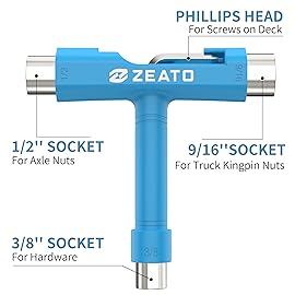 Zeato All-In-One Skate Tools Multi-function Portable Skateboard T Tool Accessory with T-type Allen Key and L-type Phillips Head Wrench Screwdriver - Blue