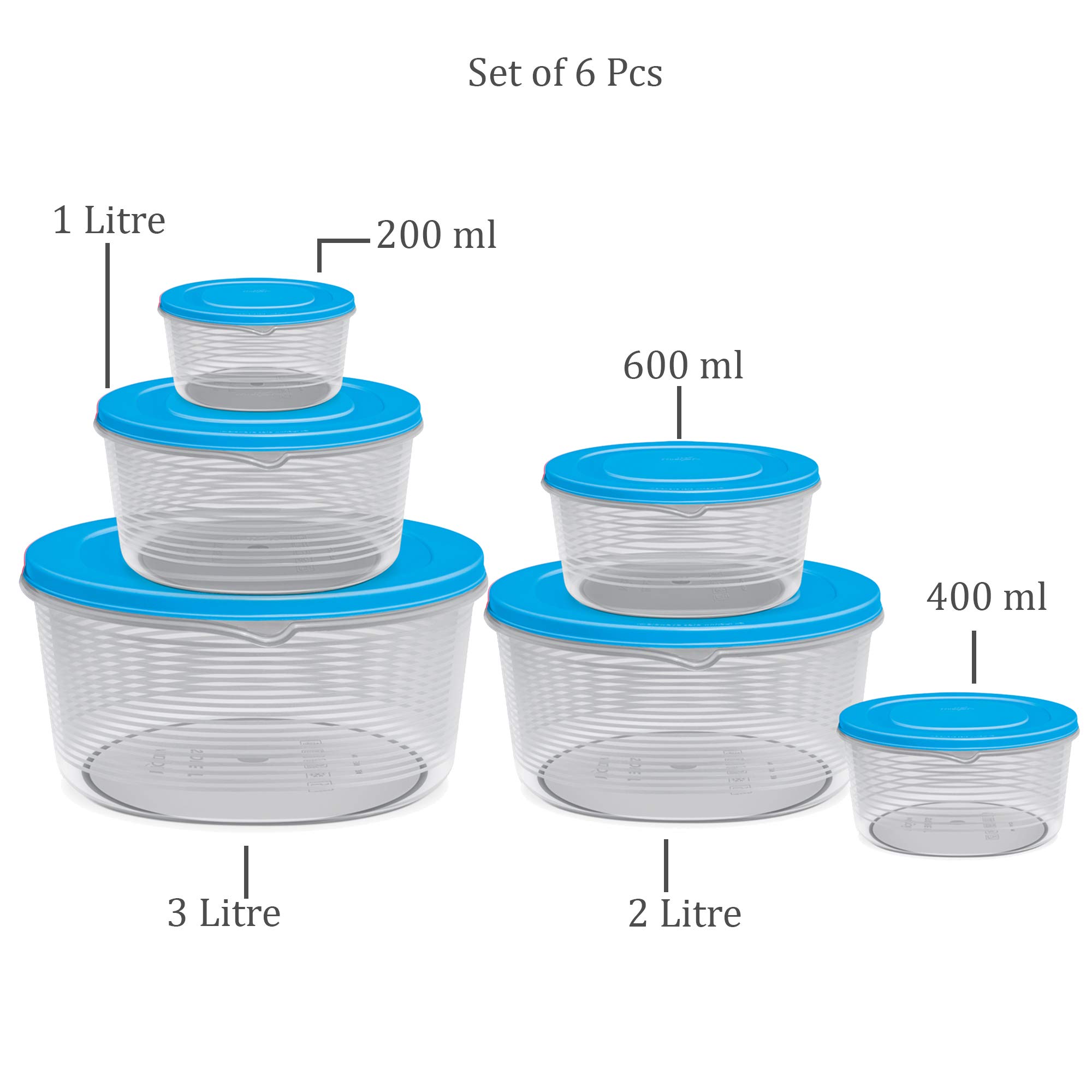 MILTON Store It Round Plastic Food Storage Container Set of 6 with Air Tight Lid (200ml, 400ml, 600ml, 1L, 2L & 3L) Fridge Boxes, Multipurpose Leakproof Box for Vegetable Snacks Kitchen Bowl, Blue 2