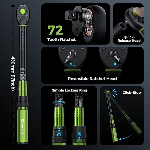 Miniatura 6 de etoolab Llave dinamométrica de clic de 1/2 de doble alcance【10-170.0ft.lb/13.60-230.5Nm】Llave dinamométrica de precisión ±3% de 1/2, llave ajustable