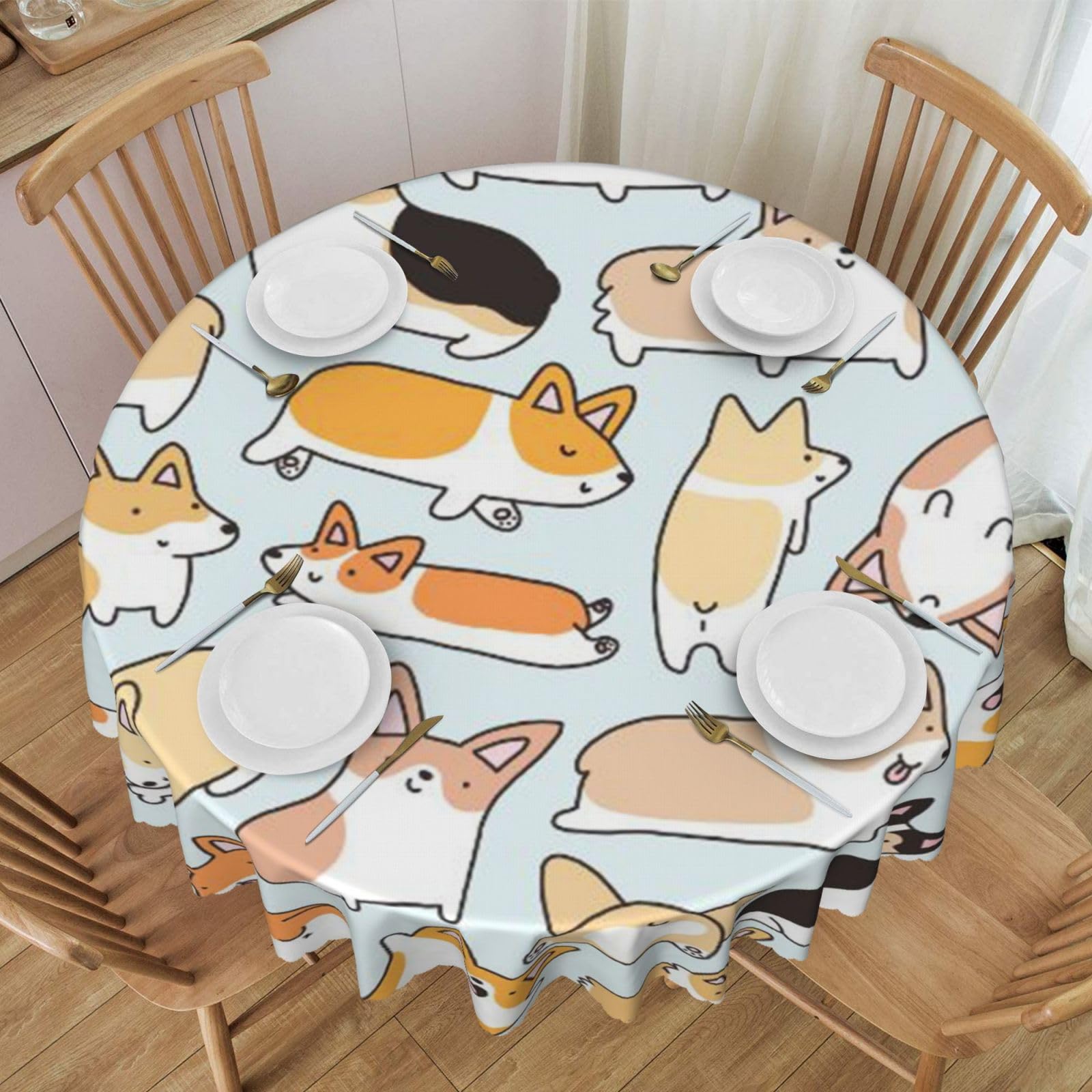 DCEHGEW 60 In Round Tablecloth with Lace, Corgi Pattern Printed Oilproof & Washable Fabric Picnic Table Cloth Table Covers