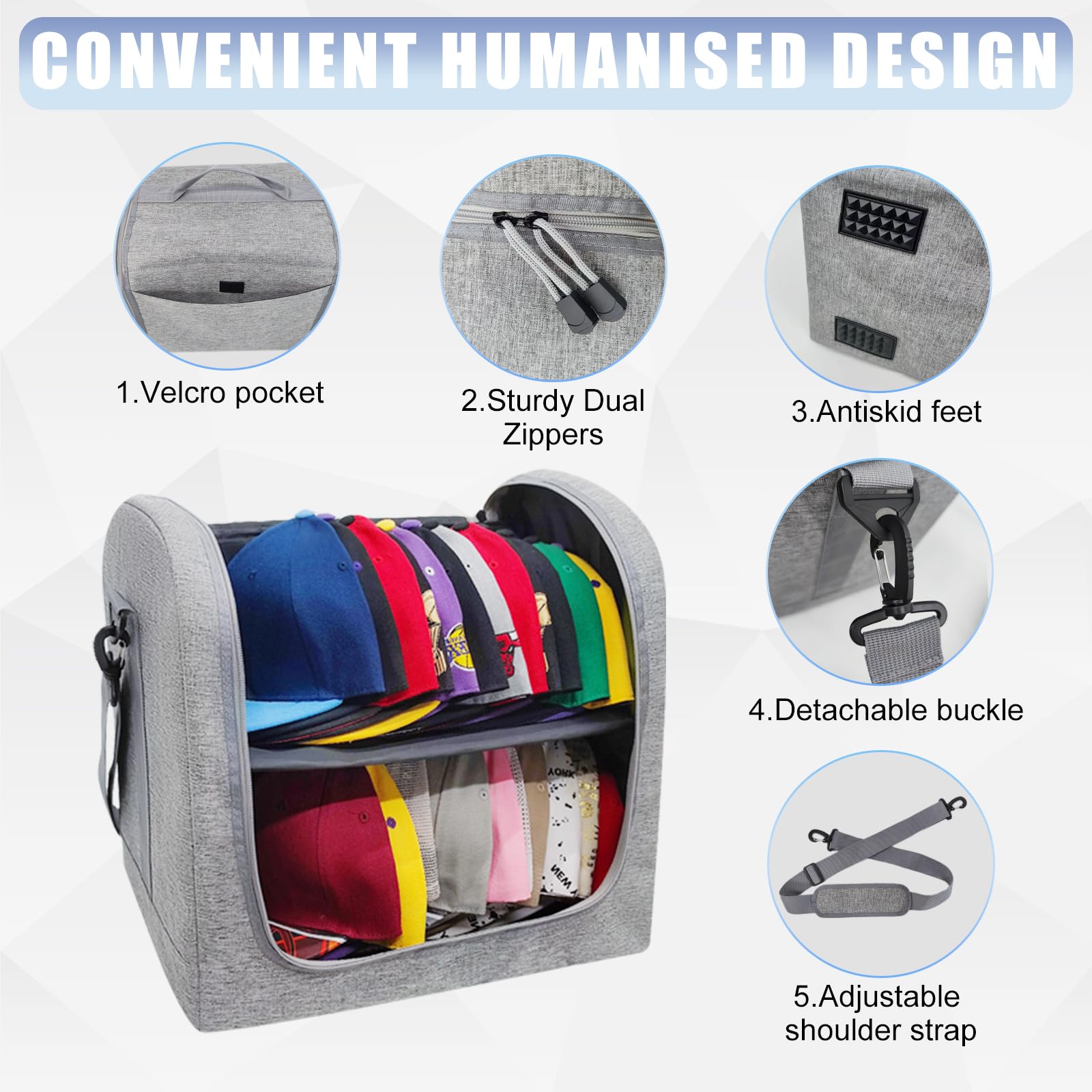 MSKEI Large Hat Bag for Baseball Caps, Stackable Hat Organizer Bag, Hat Travel Case, Cap Storage Bag, Portable Hat Carrier for 24 Ball Caps, Grey